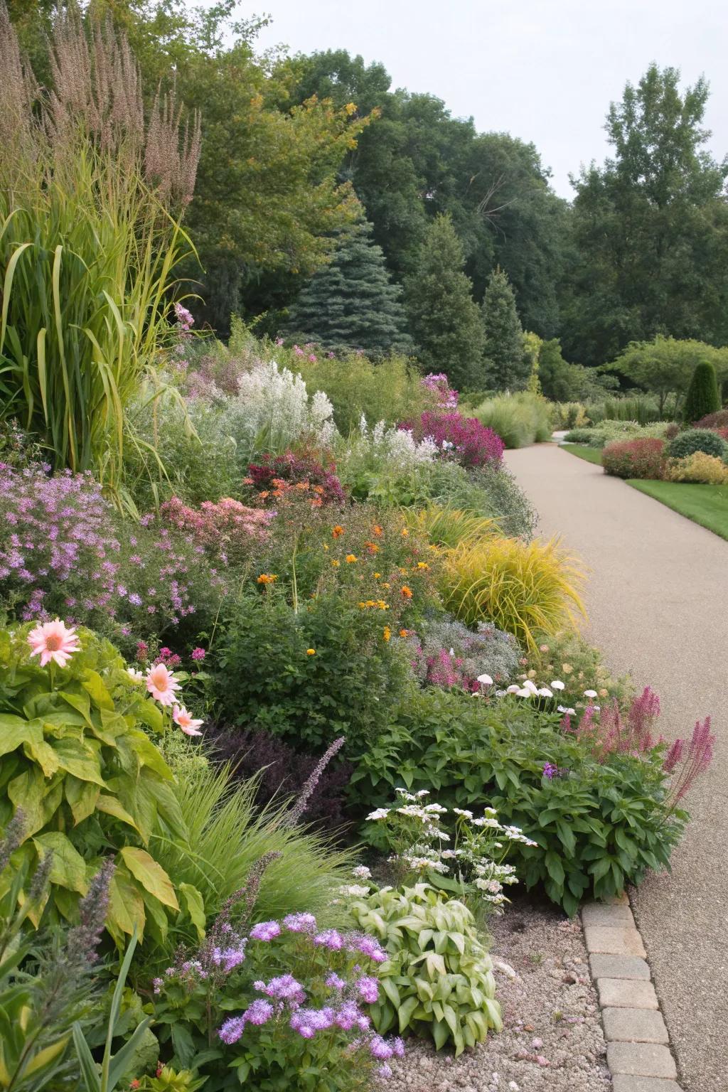 A dynamic garden border with mixed plant heights and textures.