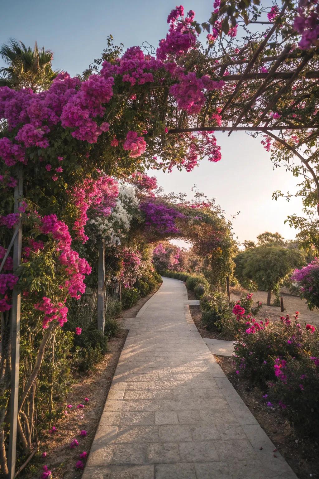 Bougainvillea lining a garden path creating a colorful walkway.