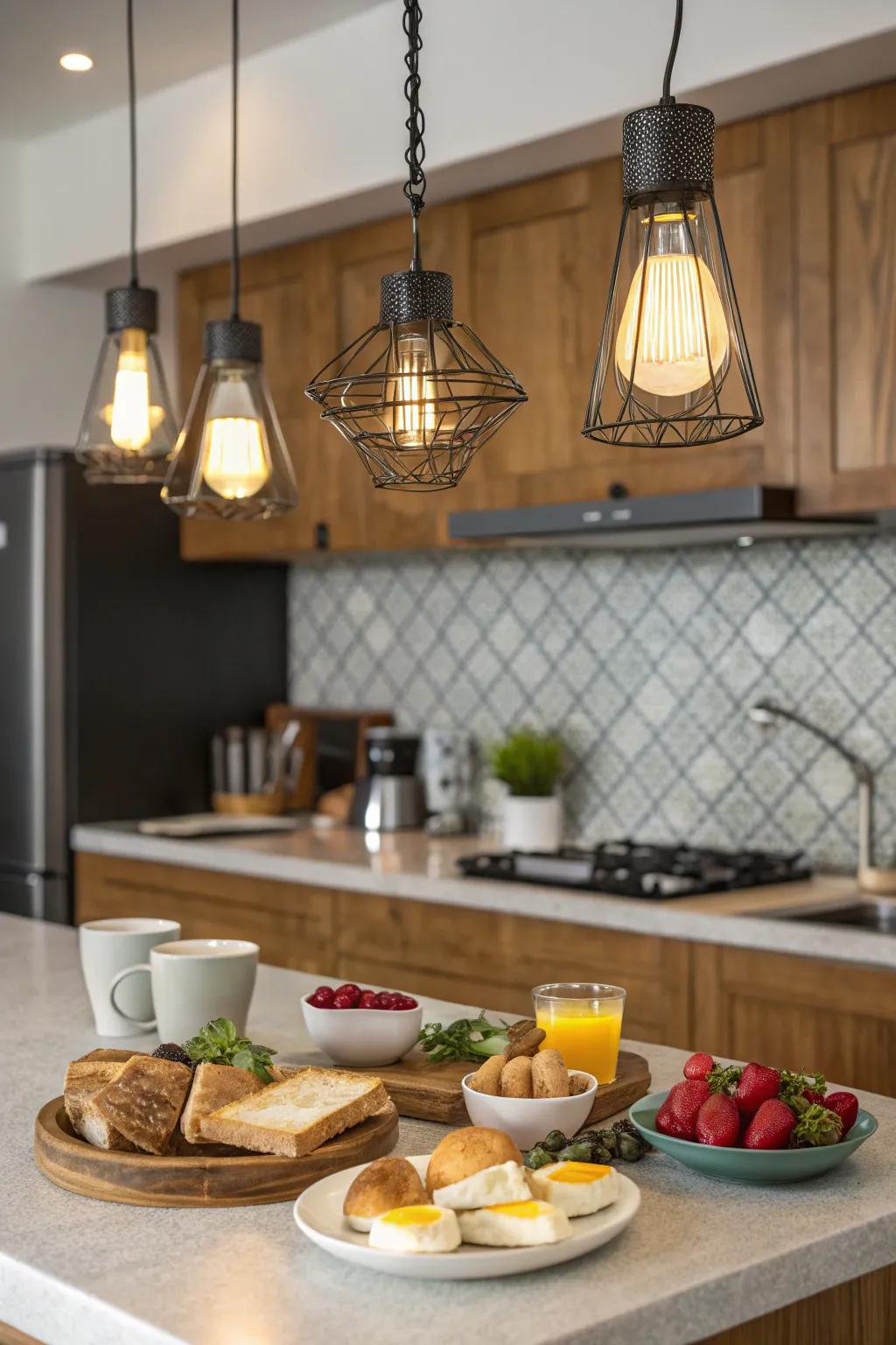 Modern breakfast bar lit by elegant hanging lights.