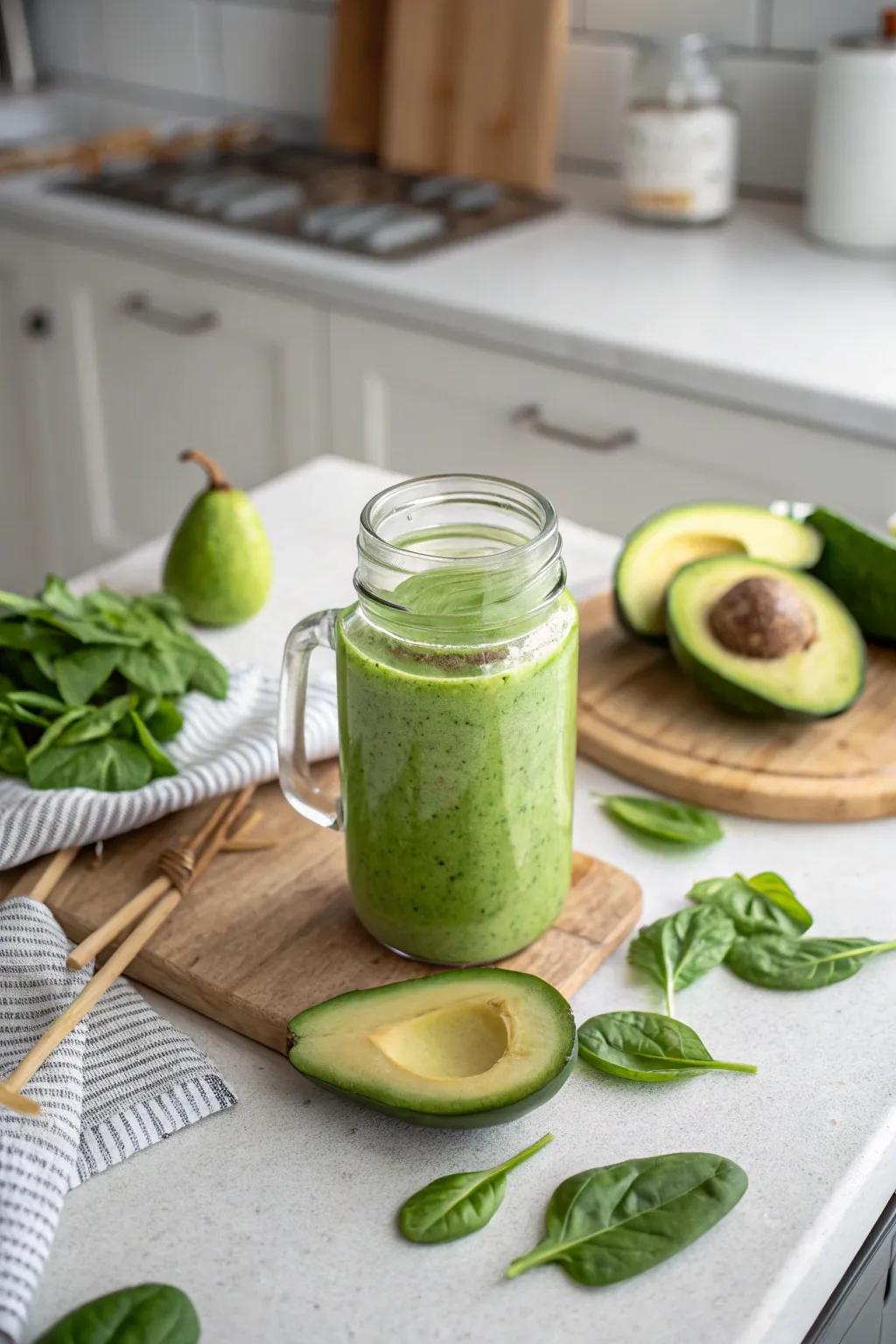 A creamy avocado and spinach smoothie, great for a healthy beginning.