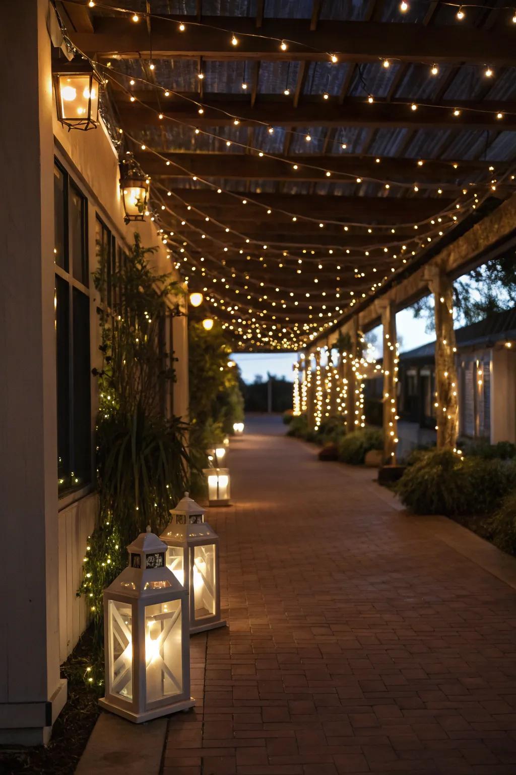 A breezeway illuminated by ambient lighting, creating a magical atmosphere.