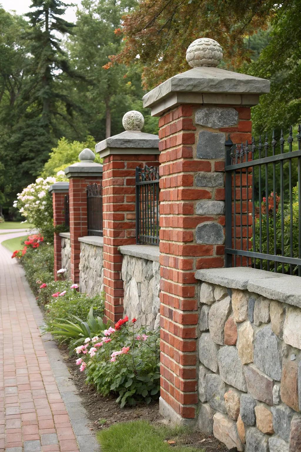 Rock accents enrich this brick boundary with texture and charm.