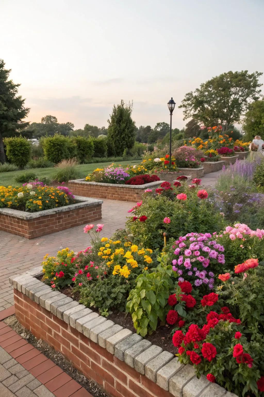 Luminous blossoms and bricks compose a vibrant garden presentation.