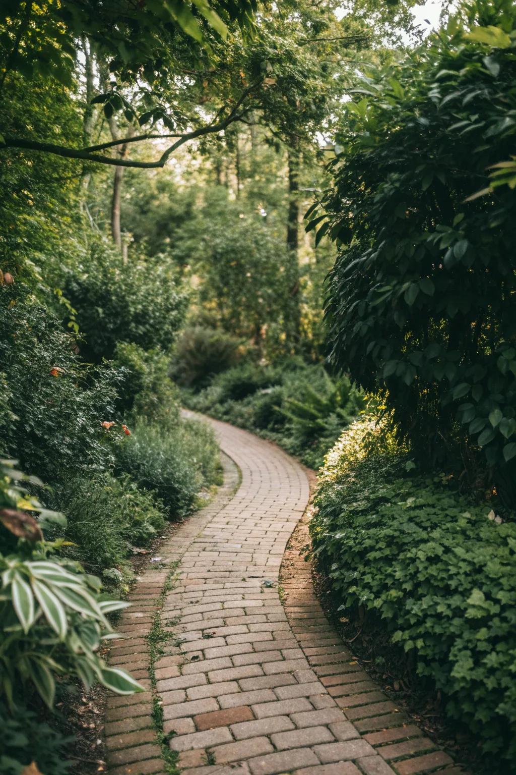Embrace a rustic vibe with a charming brick path that feels like it belongs in nature.