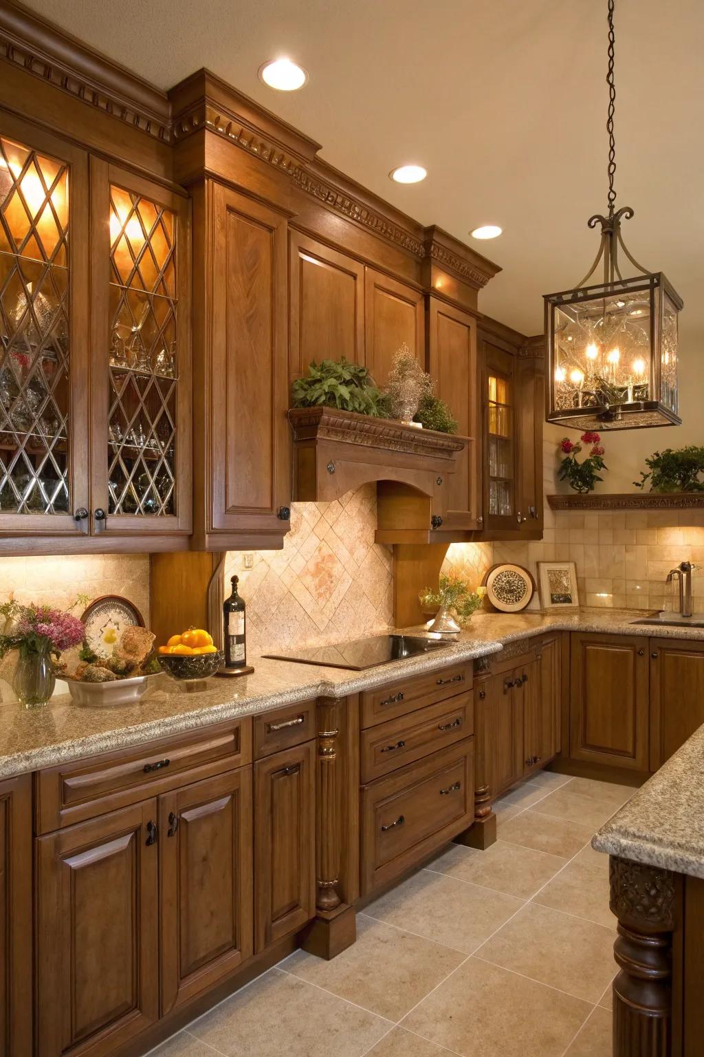 Welcome warmth with amber-hued brown cabinets.