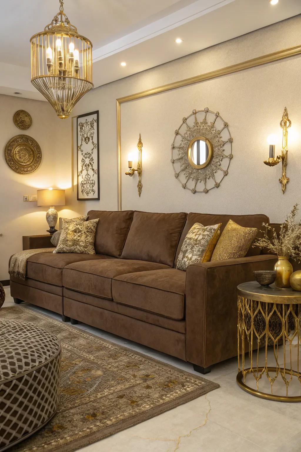 Metallic accents bring a modern twist to a brown sectional living room.