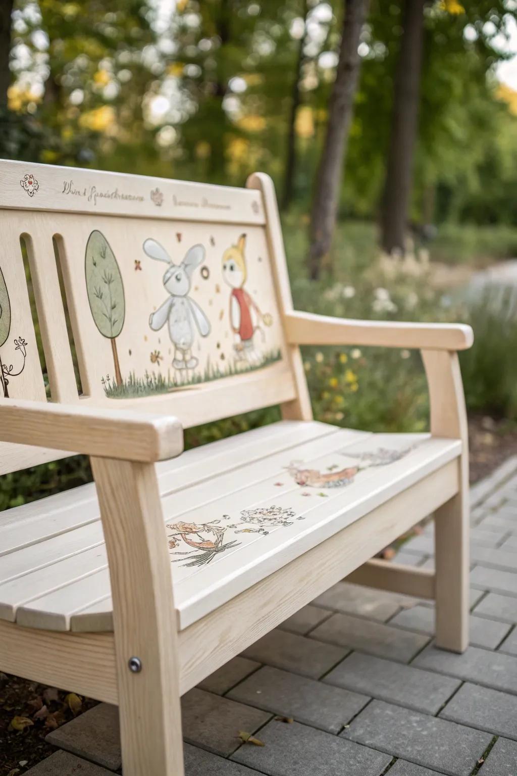 Invite smiles and friendship with this charming cartoon buddy bench.