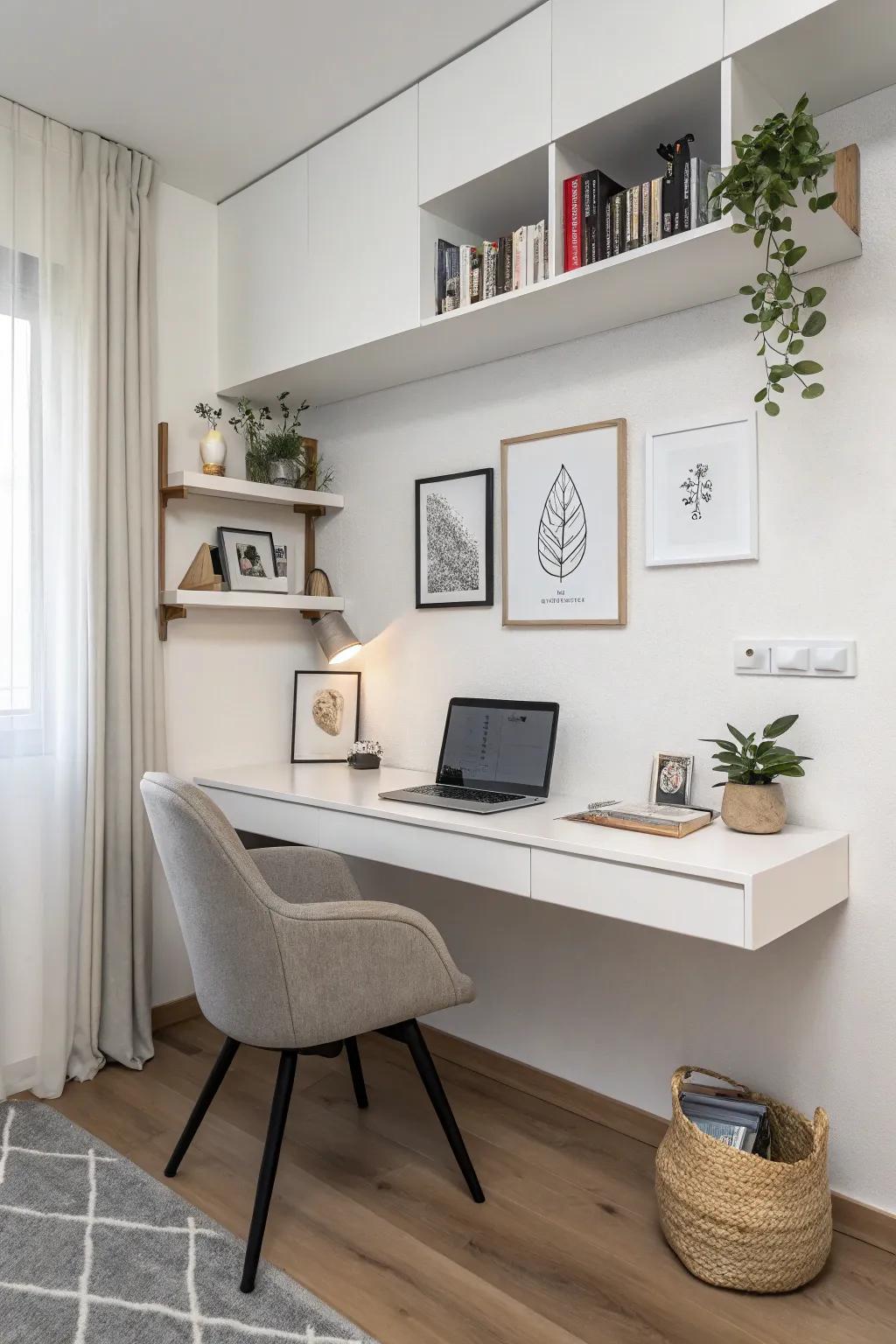 A floating desk adds a modern flair to a minimalist office.