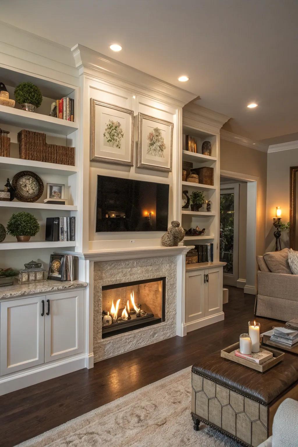 Floating shelves add an airy touch to this elegant entertainment center.