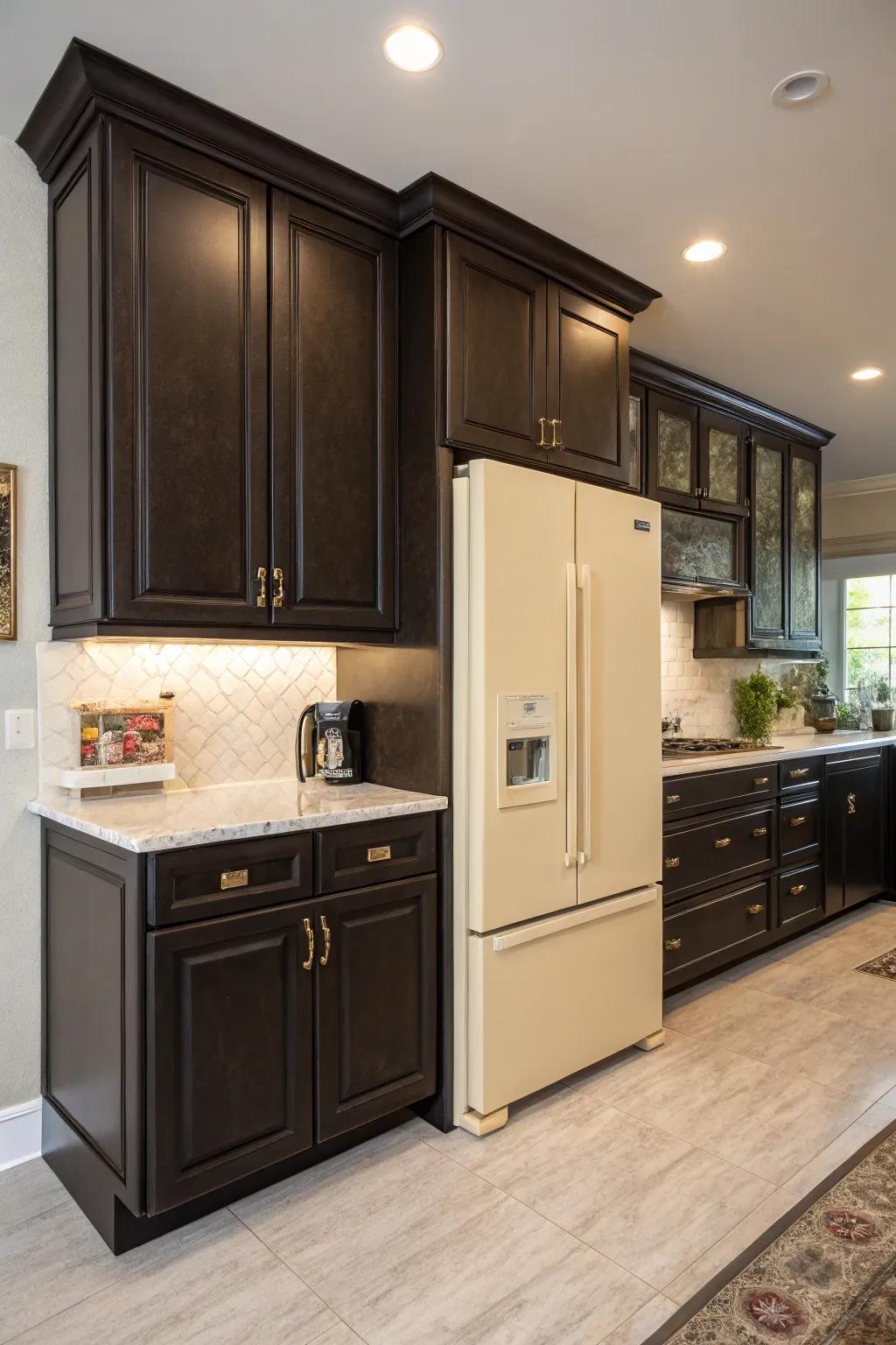 A striking contrast between dark cabinetry and a light-colored fridge brings depth to the kitchen.