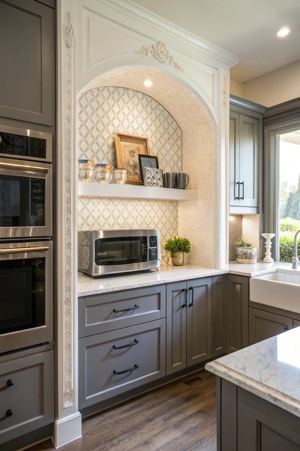 Stylish kitchen highlighting an ornamental niche for the microwave.