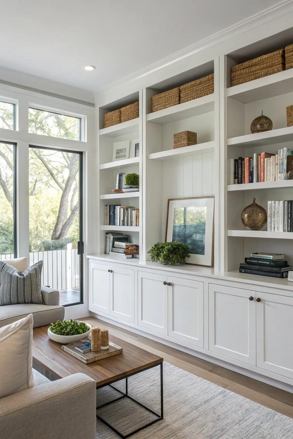 Having both open and closed shelves for storage is a great way to maintain order in the room.