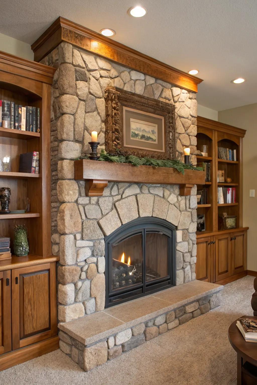 Stone embellishments contribute country charm to fireplace built-ins.