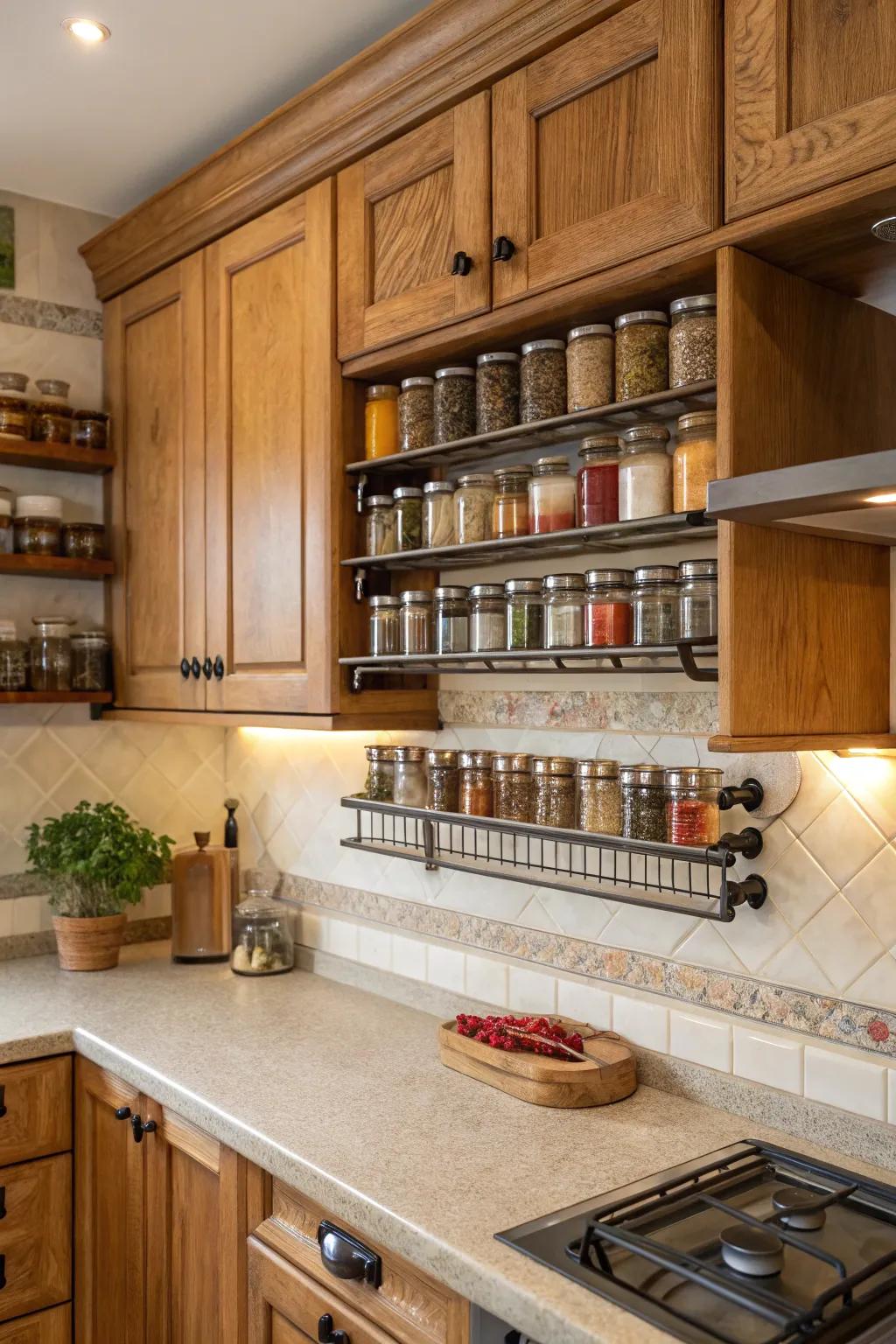 Racks on walls keep what you need nearby and organized.