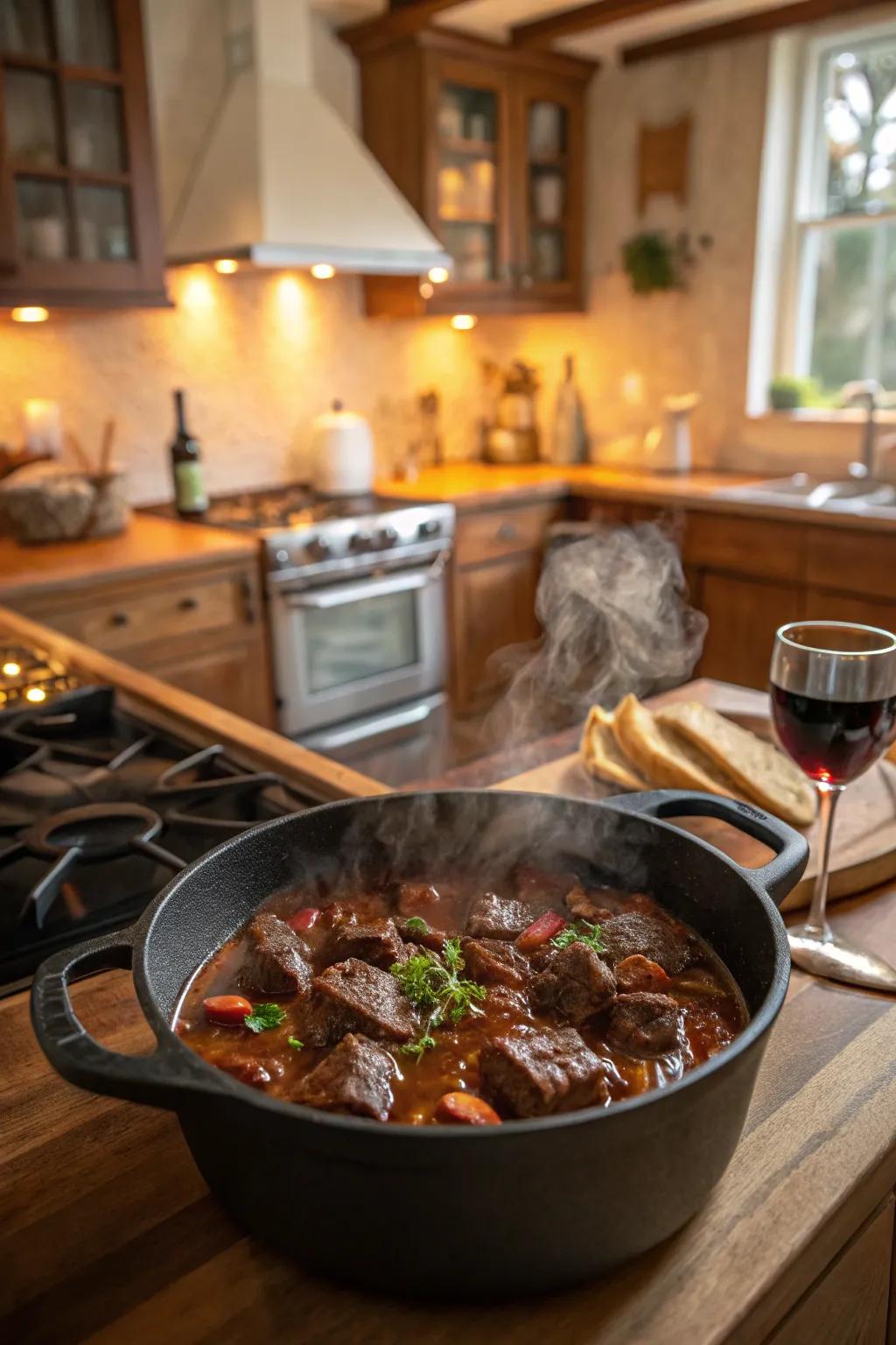 A hearty beef stew with red wine, a timeless classic.