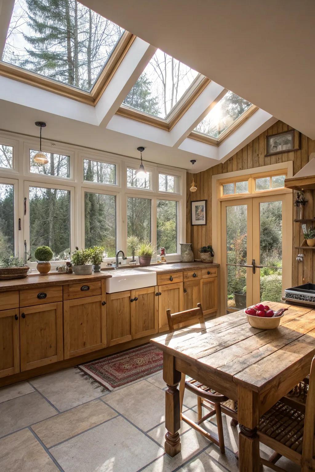 Skylights and wide windows fill a bungalow kitchen with sunlight.