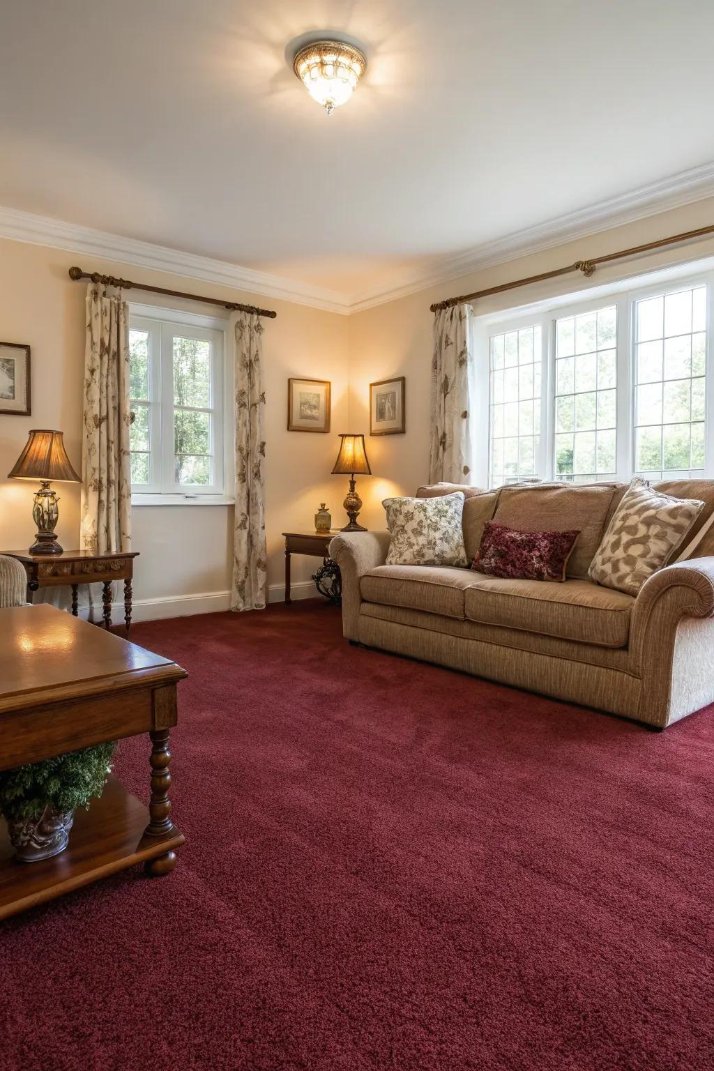 Light walls create a noticeable comparison that enhances the maroon carpet.