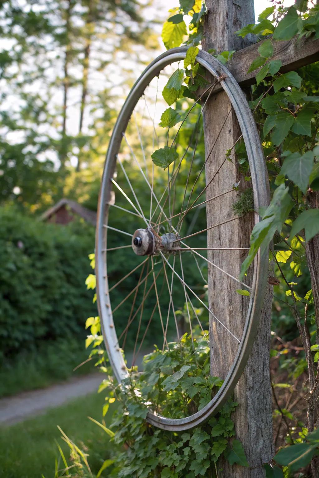 Transform your garden with a touch of whimsy: A bicycle wheel trellis that blends simplicity and natural beauty.