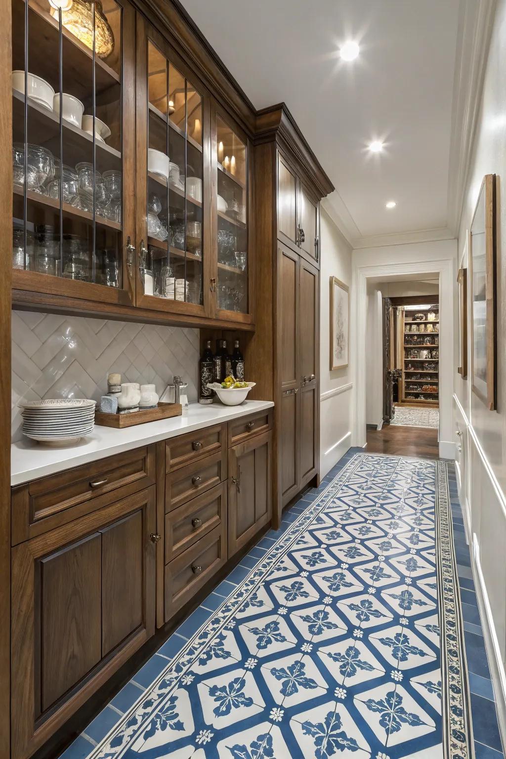 Patterned tiles bring character to the floor of this pantry.