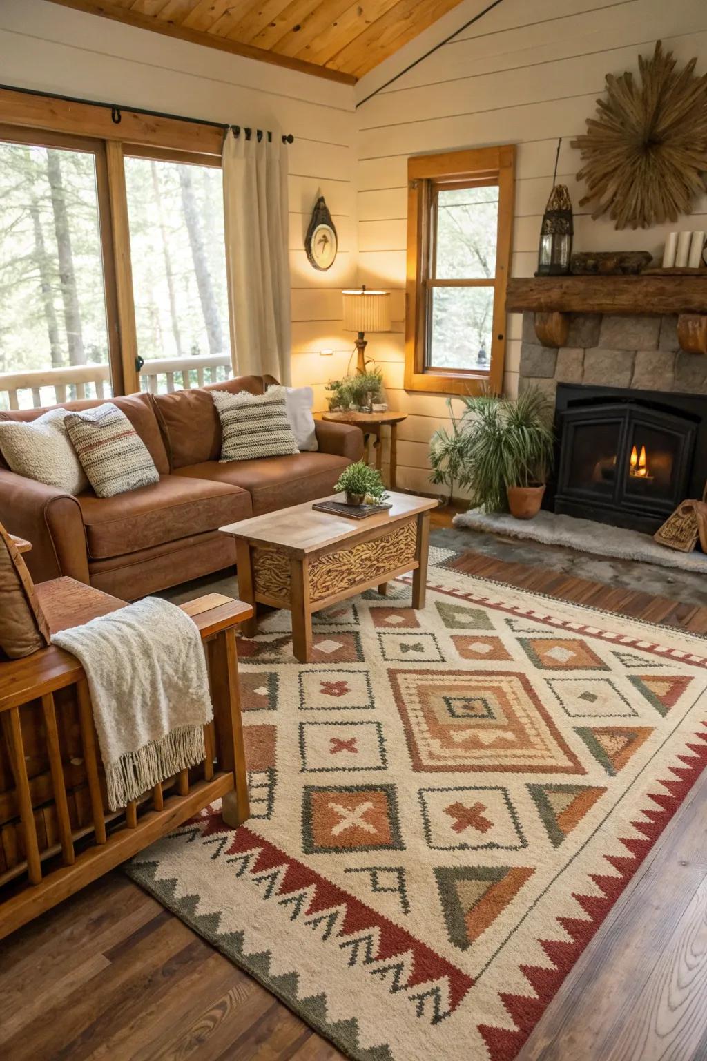 Vintage rugs add a touch of color and pattern to rustic cabin floors.