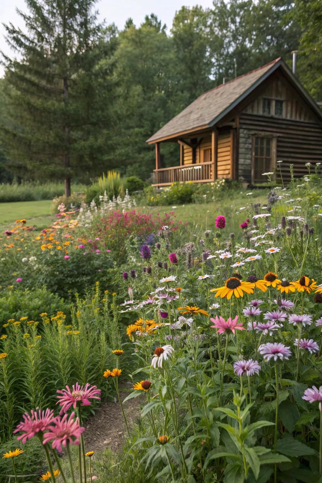 Untamed blooms inject color and aid pollinators near your cabin.