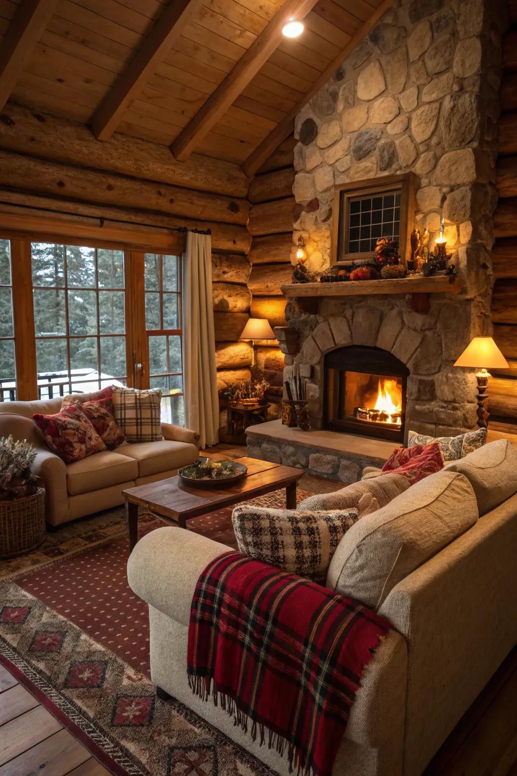 Opulent furnishings craft a pleasant and calming cabin setting.