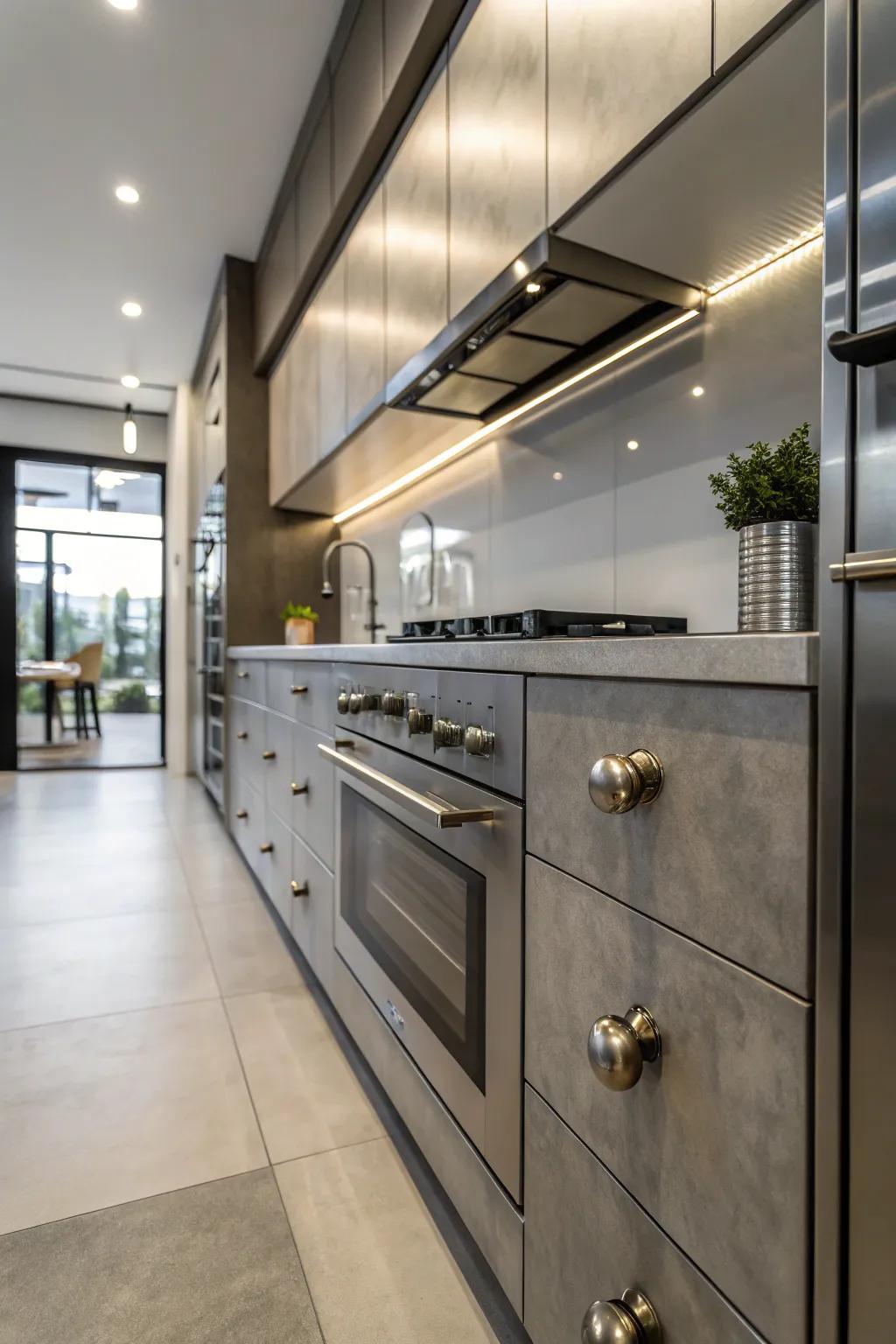 Brushed metal knobs offer a sleek, industrial touch.