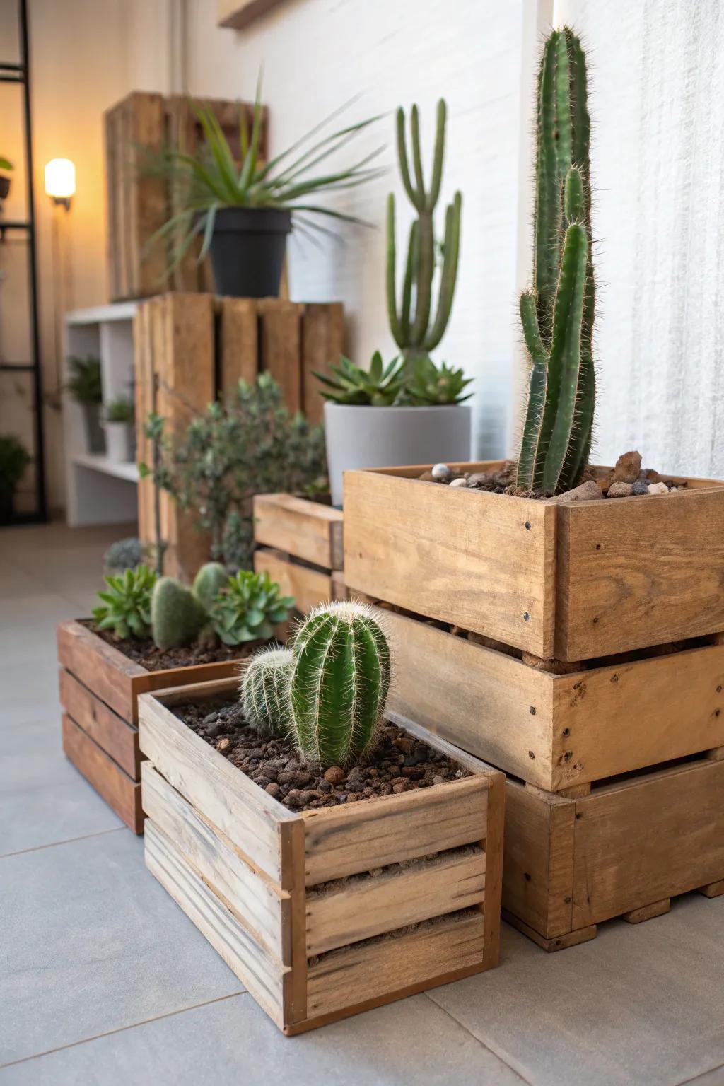 Reclaimed wood chests enrich a countryside appeal to your cactus sanctuary.