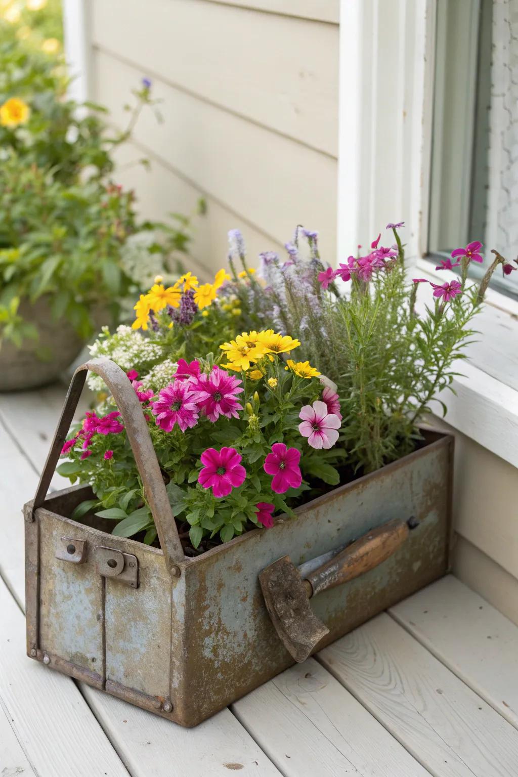 Transform your garden with a touch of vintage charm: Crafty Toolbox Planters for a unique floral display.
