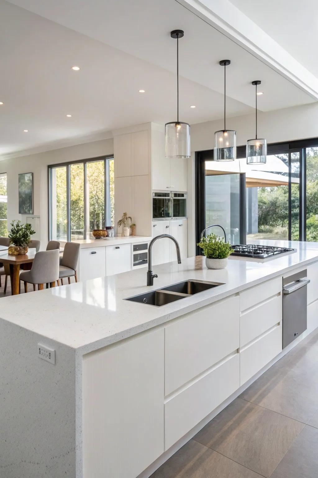 Sleek kitchen featuring seamless solid surface countertops.