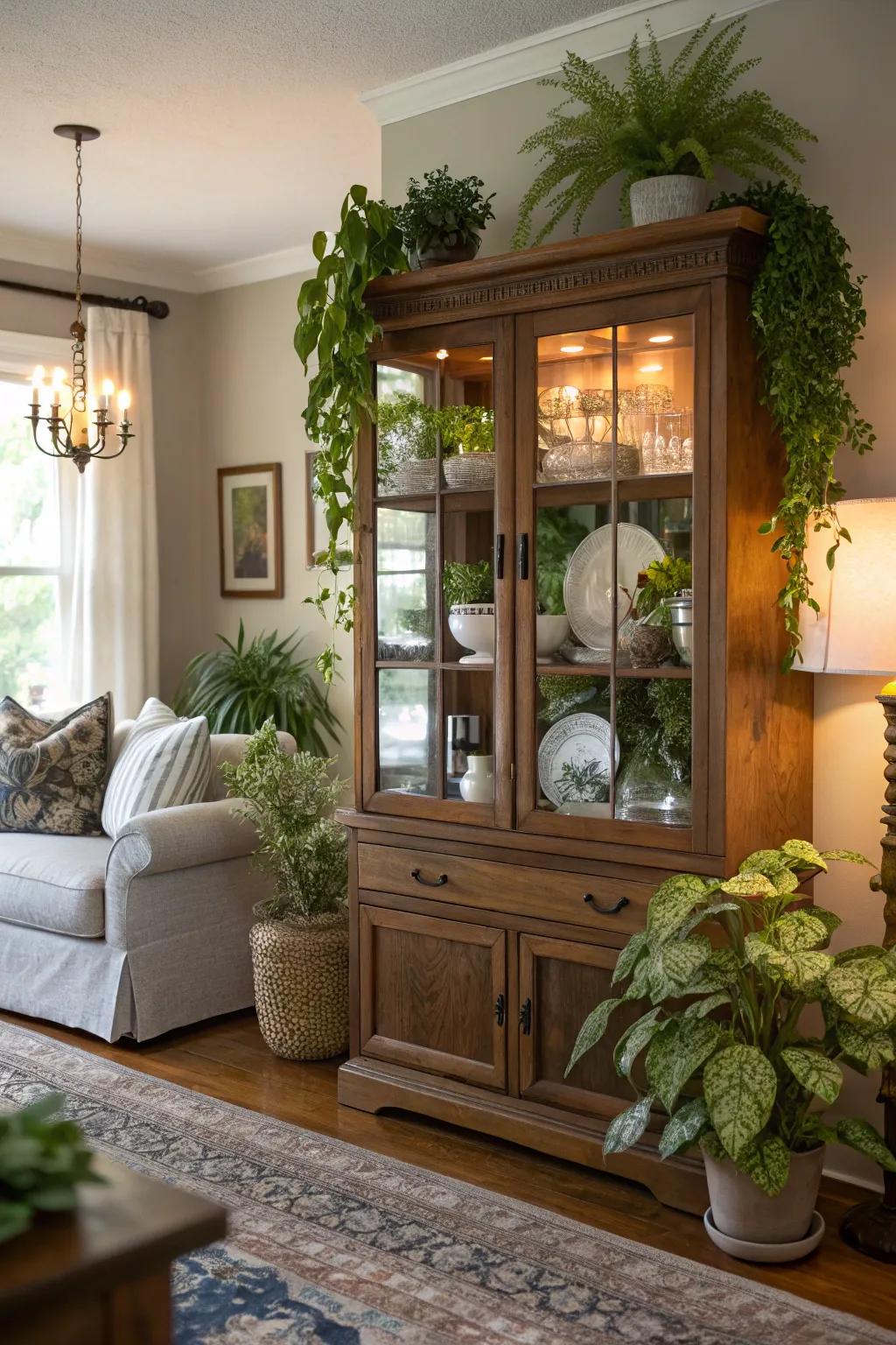 Ornamental plant life gives life to a display hutch.
