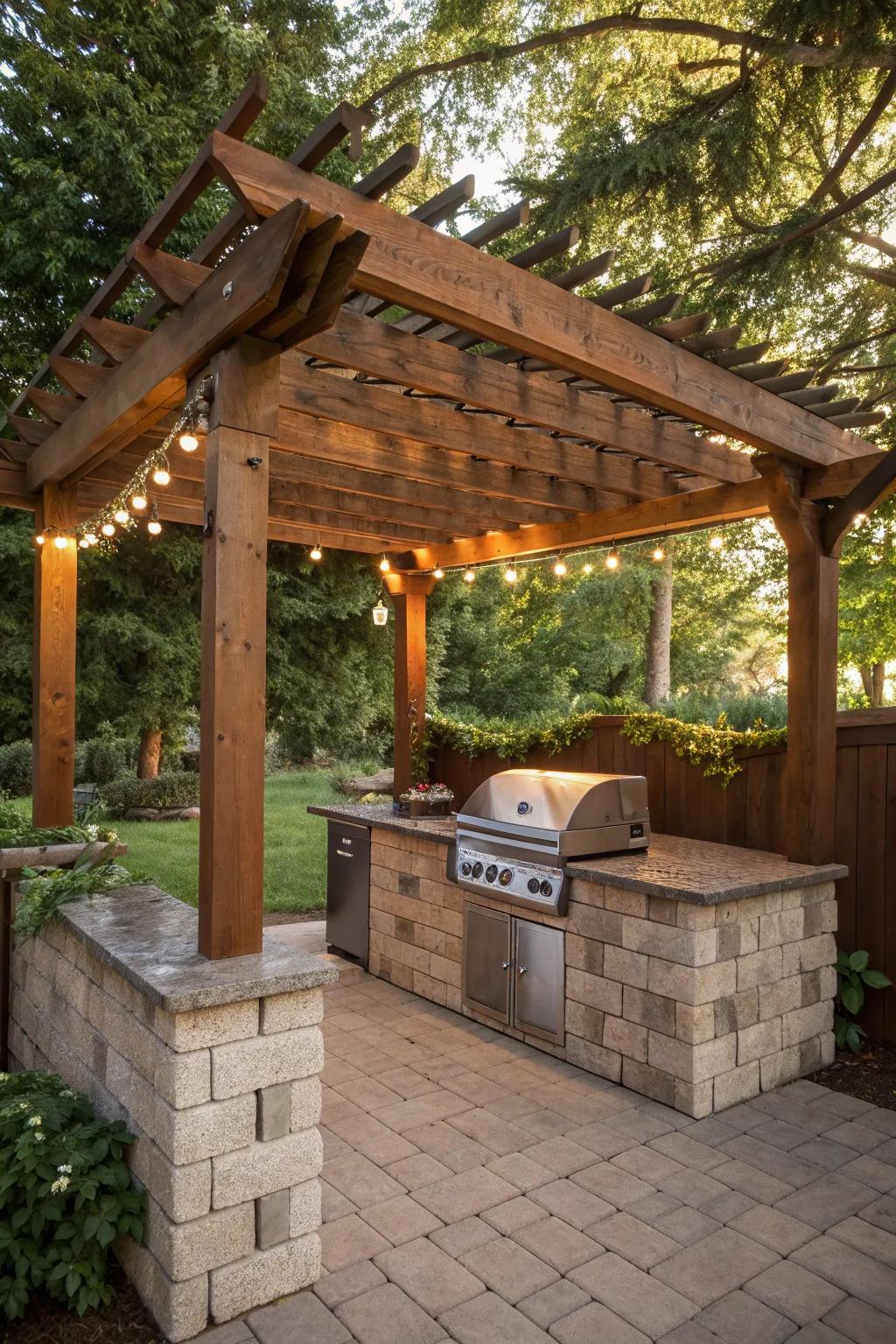 Elevate your outdoor cooking space with a rustic cinder block grill station under a charming wooden pergola.