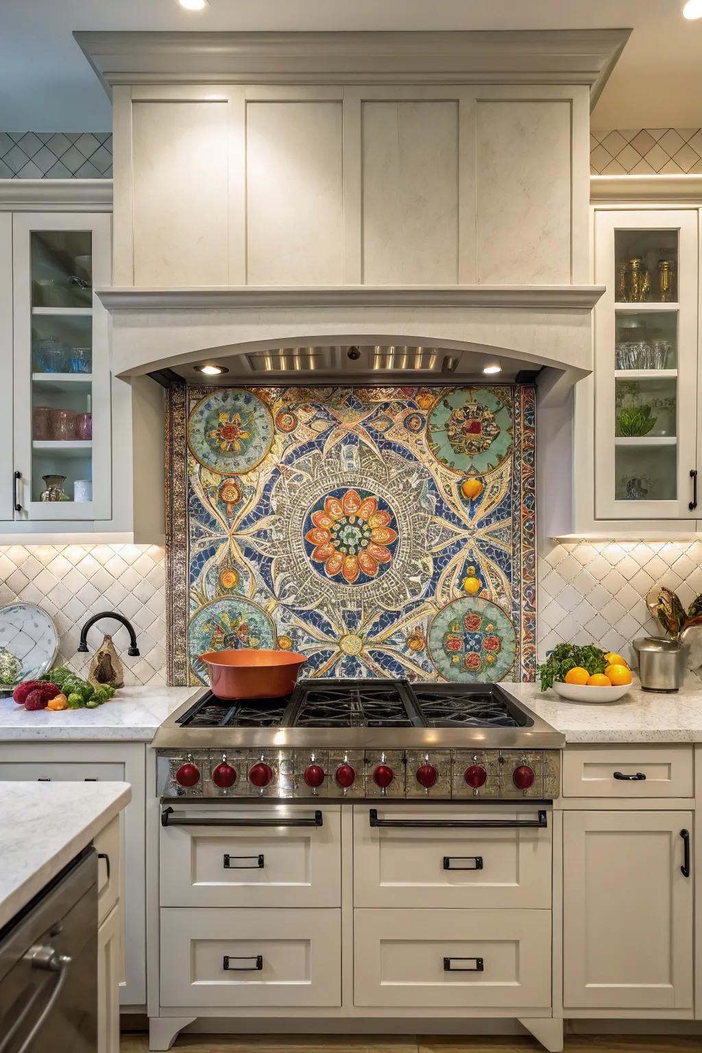 A patterned backsplash establishes a breathtaking point of focus in this kitchen.