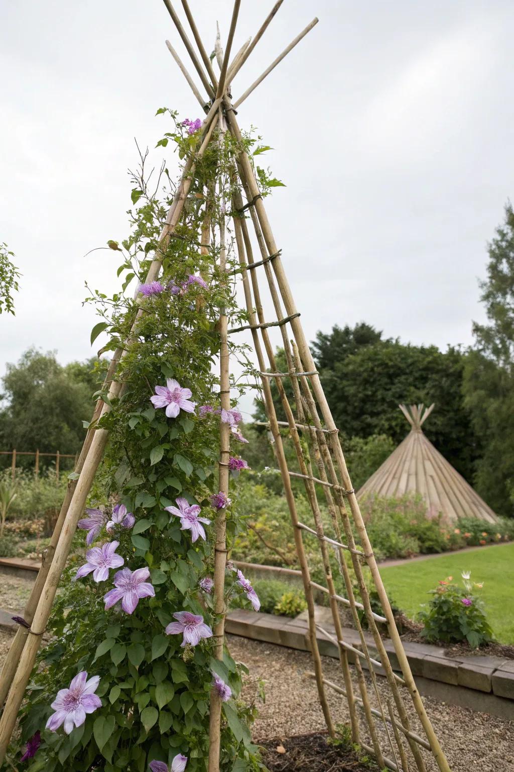 A bamboo support trellis provides minimalist backing for clematis.