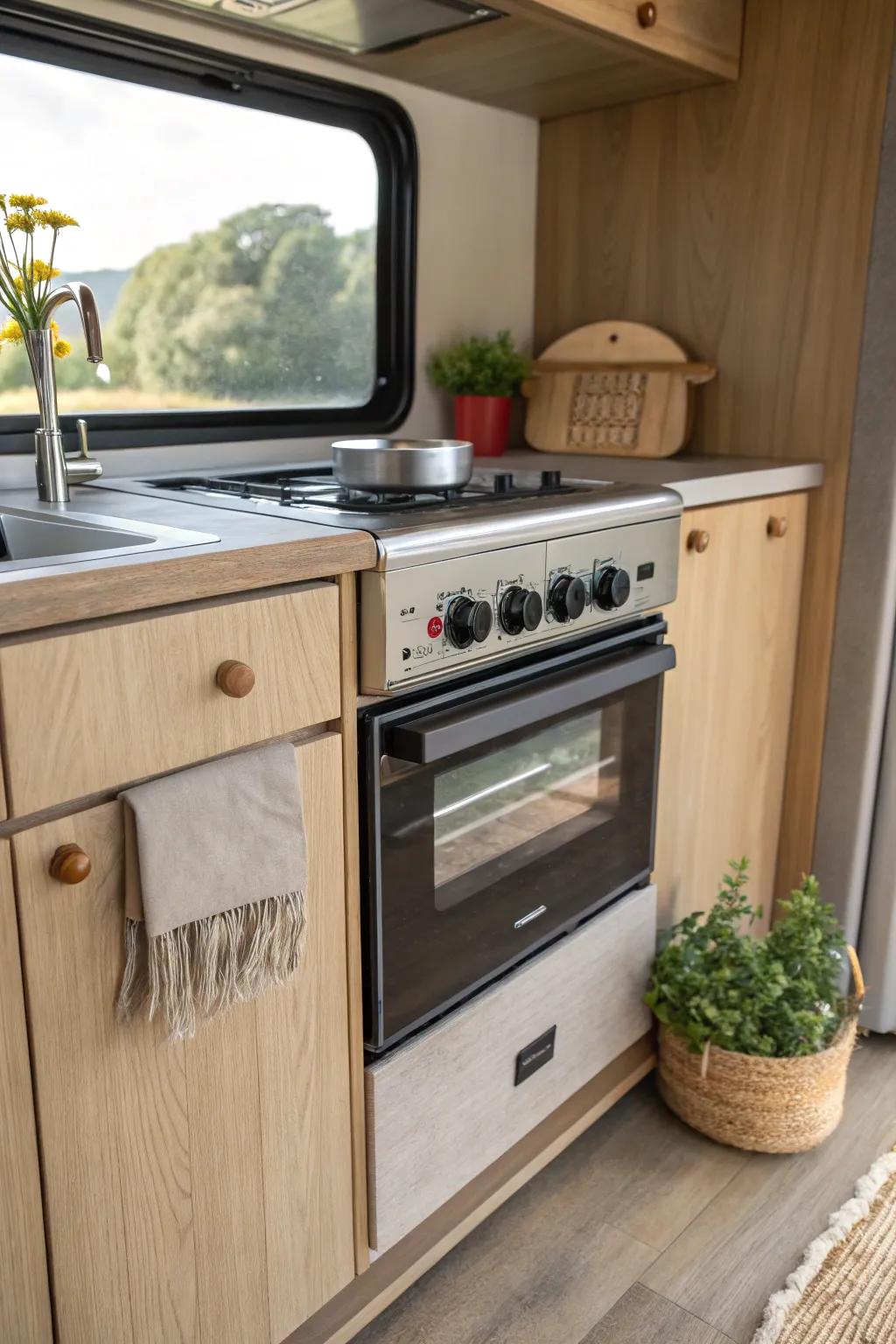 Elevate your campervan culinary adventures with a sleek, integrated stove and oven that brings Scandinavian simplicity and Boho charm to your travels.