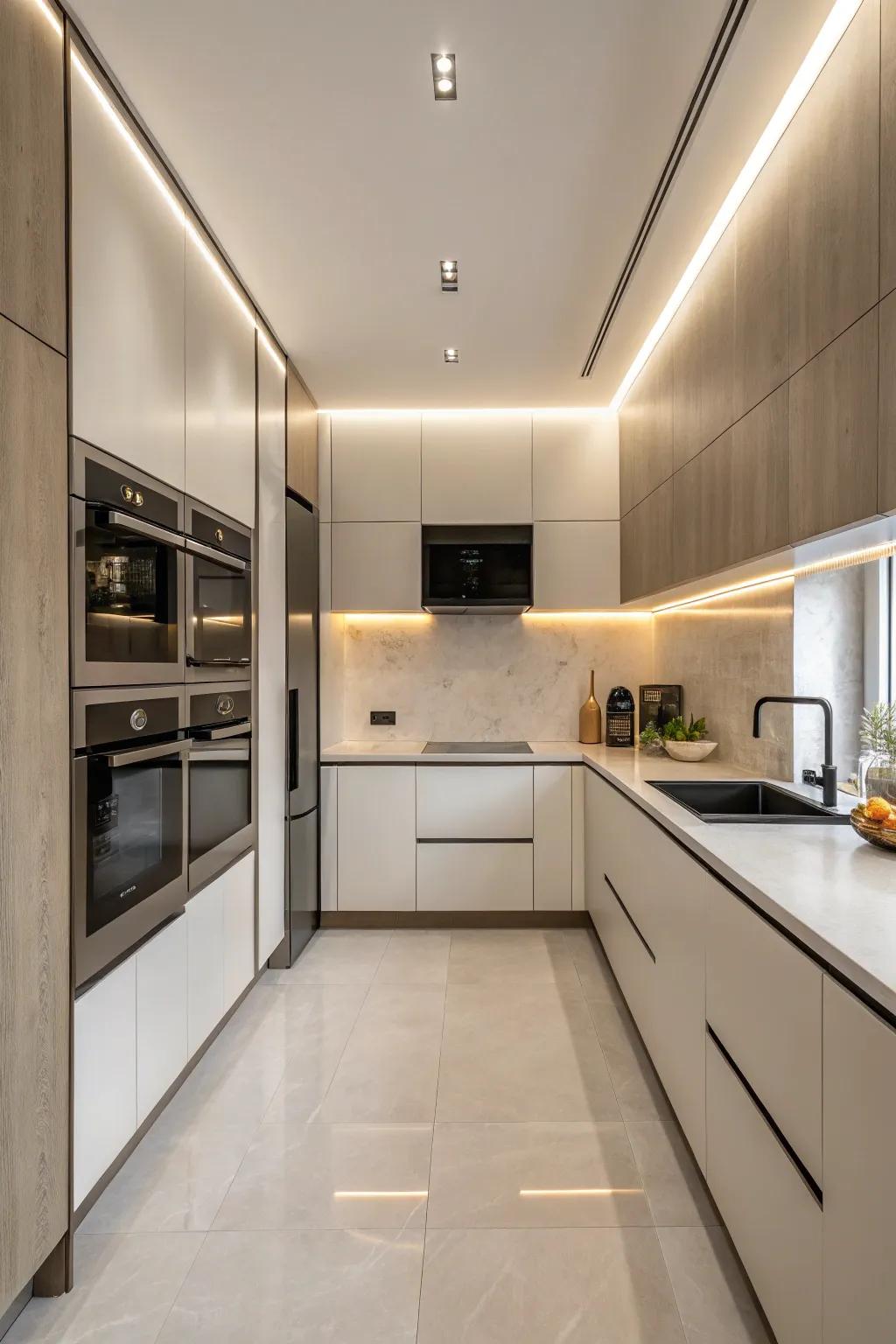 Integrated appliances create a seamless and modern kitchen aesthetic.