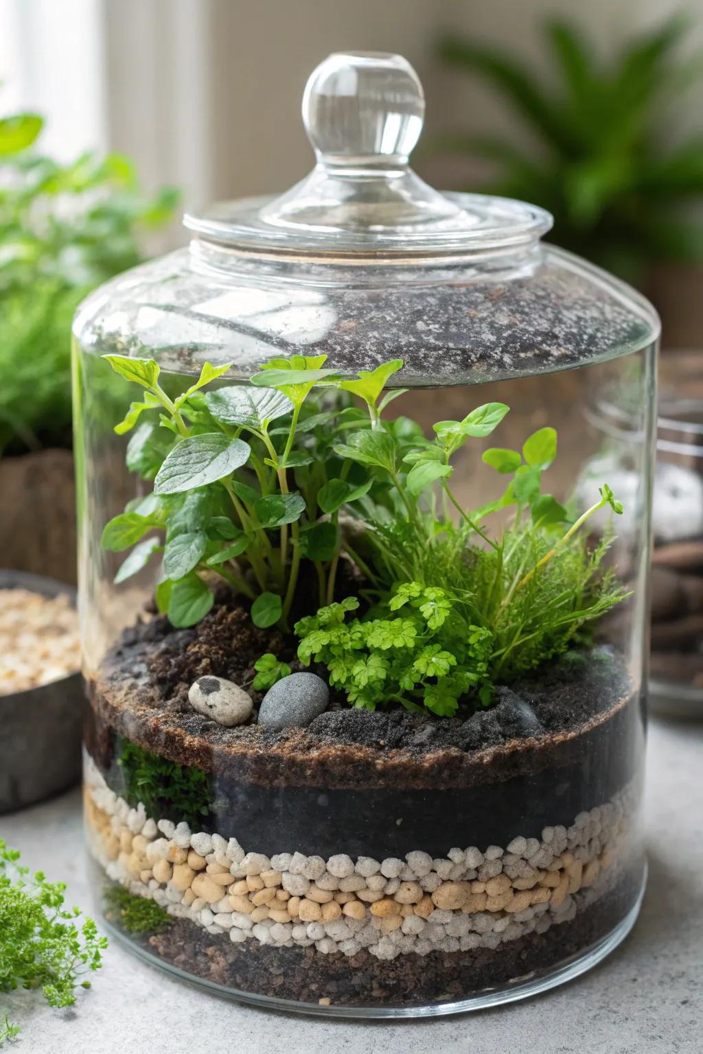 A layered landscape terrarium, showcasing nature's intricate beauty.