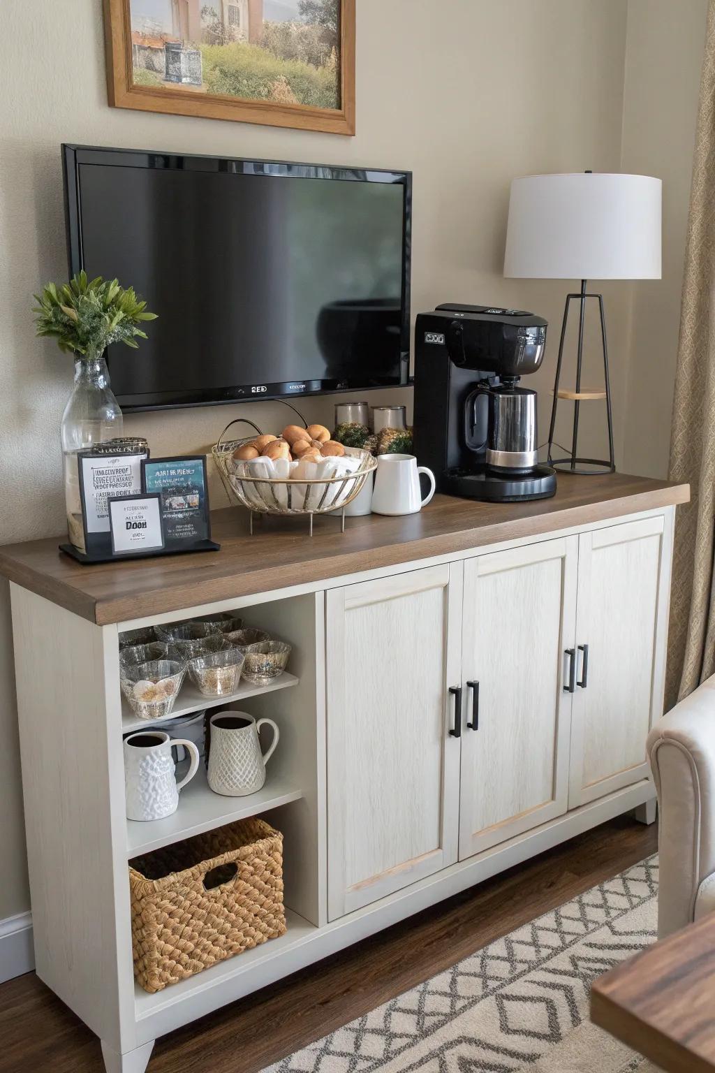 A sideboard transforms into a functional and stylish coffee and tea station.