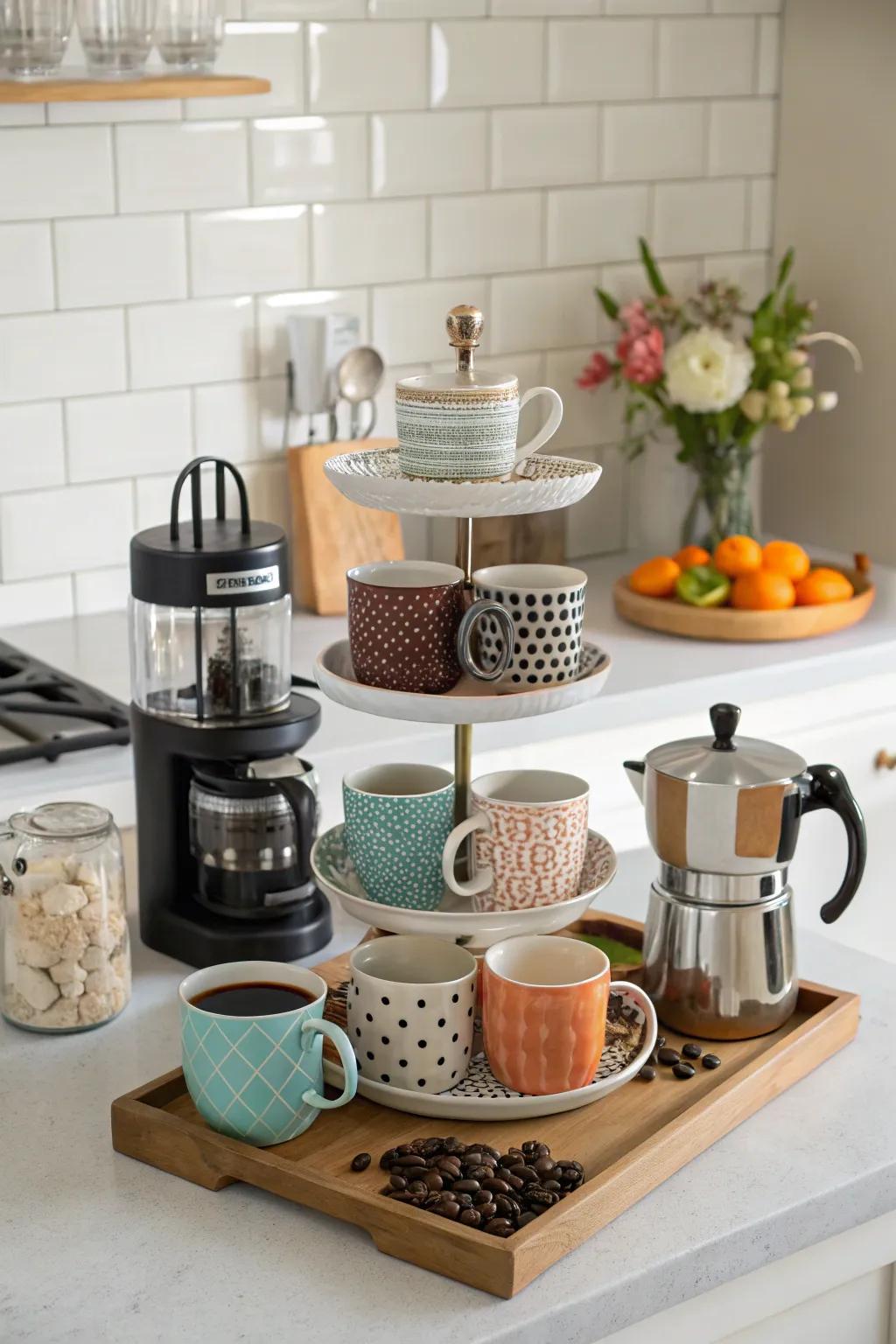 A multi-tiered stand enhances the coffee bar's size and usefulness.