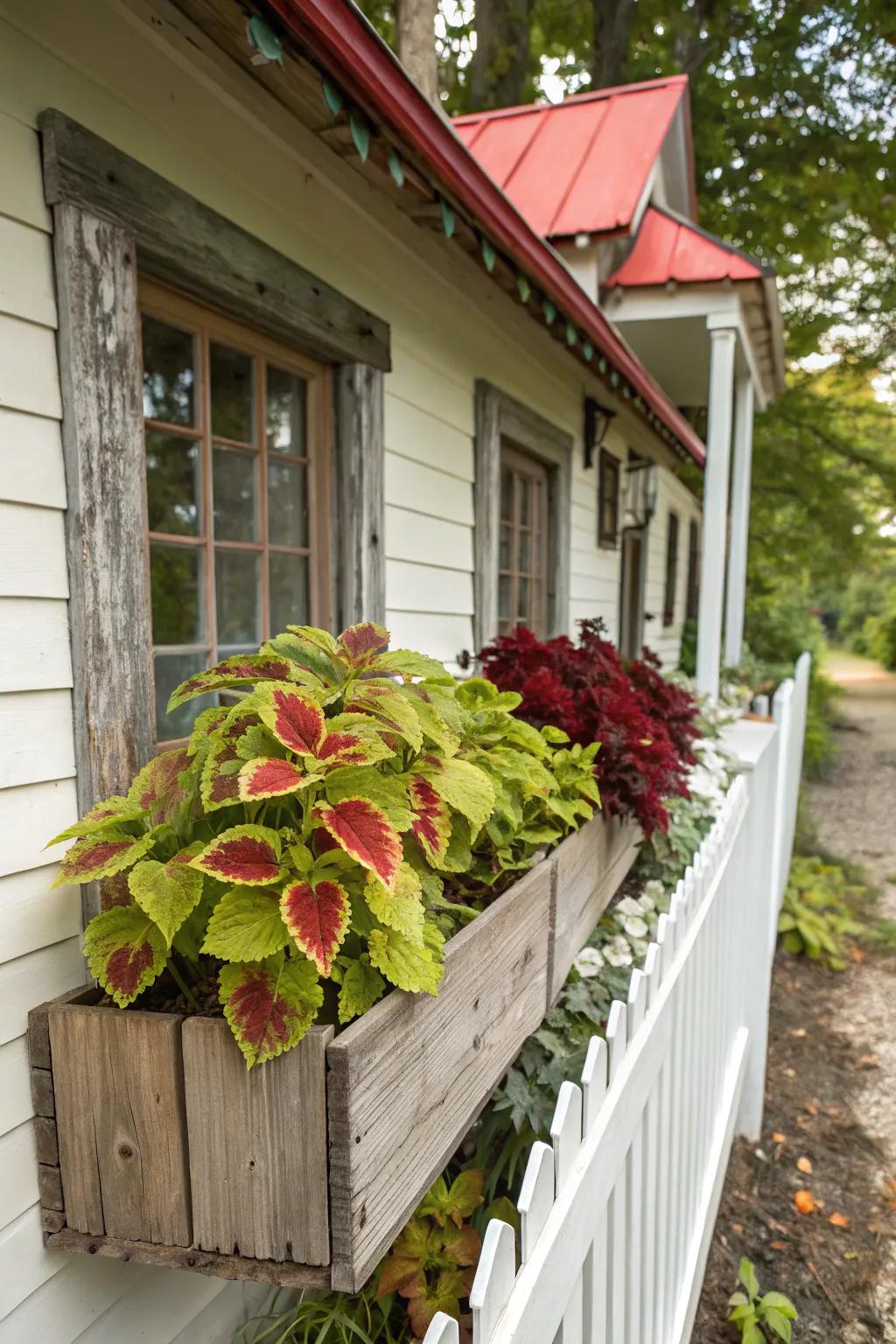 Rustic wood and vibrant fancy foliage blend beautifully for charming curb appeal.