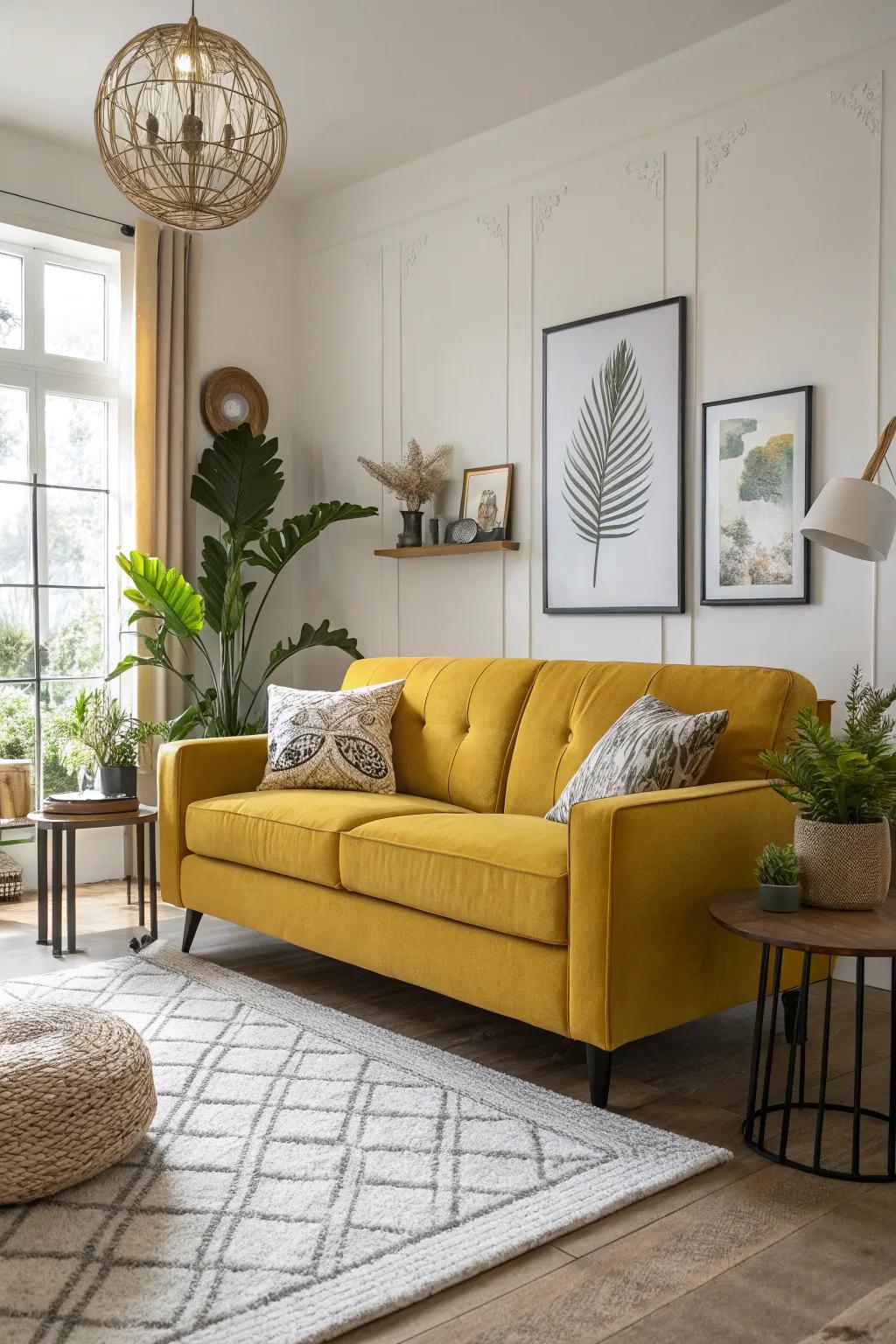 A golden yellow couch serves as a striking central feature in this vibrant lounge area.