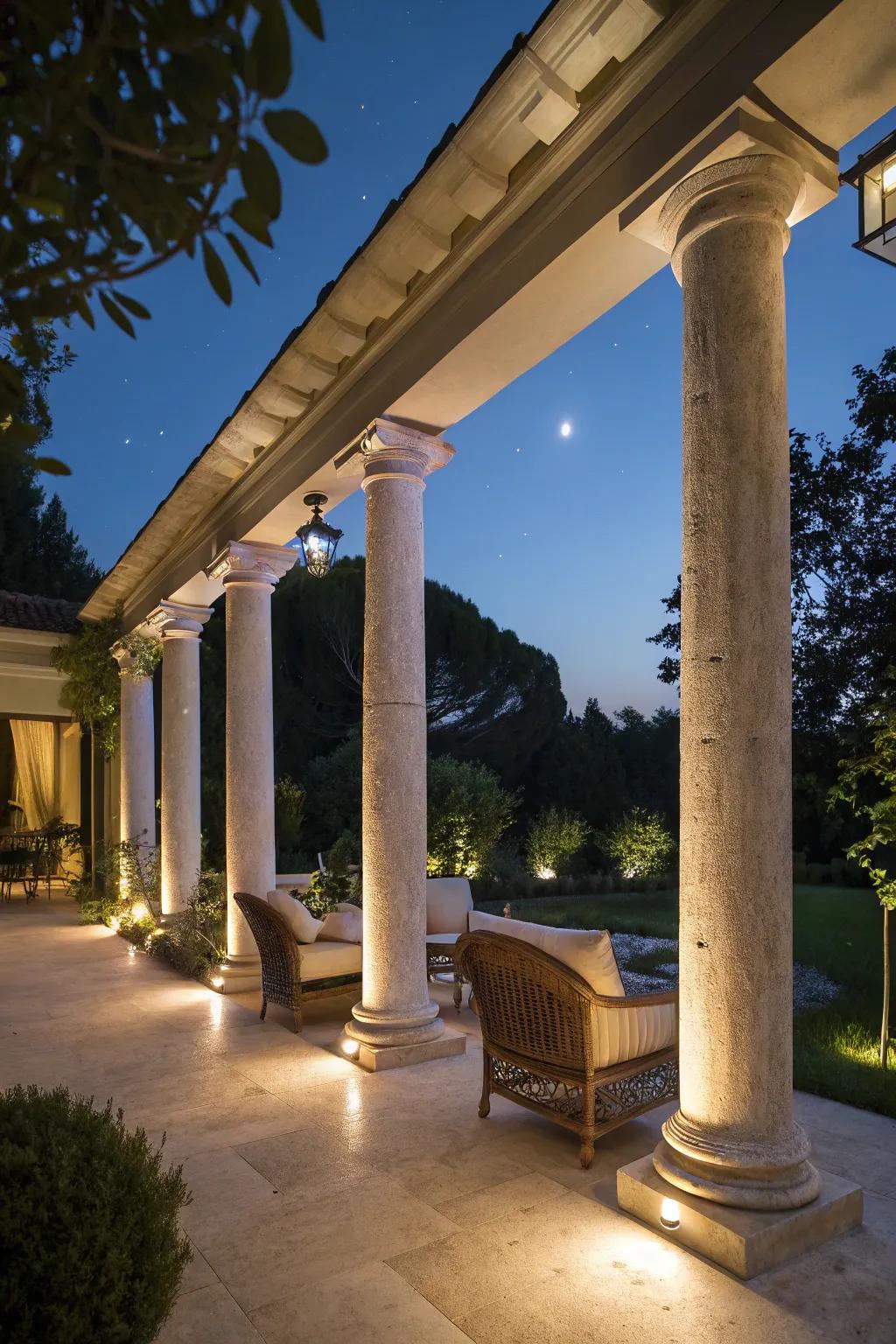 Illuminated columns casting a warm glow on an elegant outdoor patio.