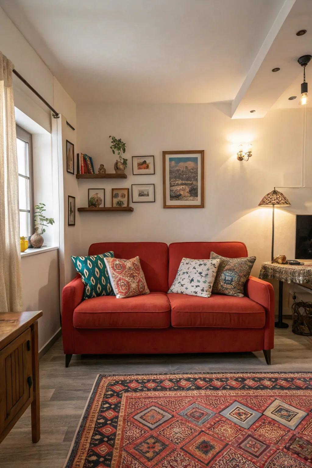 A bold sofa that brings personality to a small space.