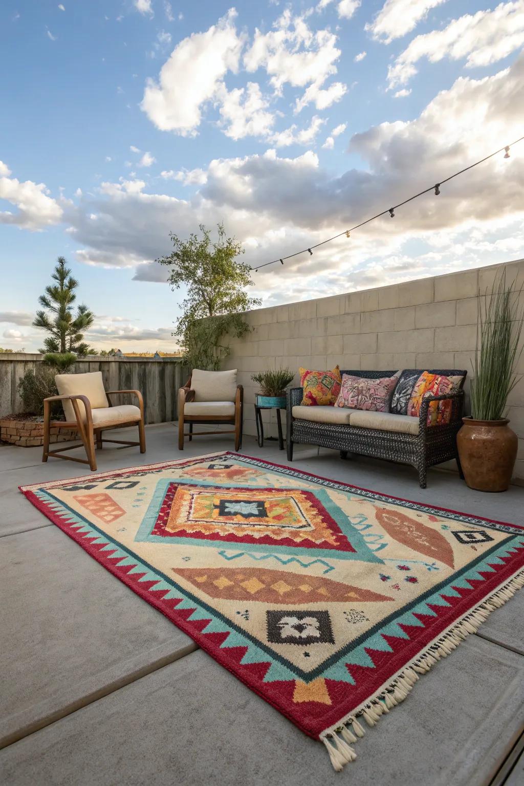 A vibrant outdoor rug adding warmth and style to a concrete patio's seating area.