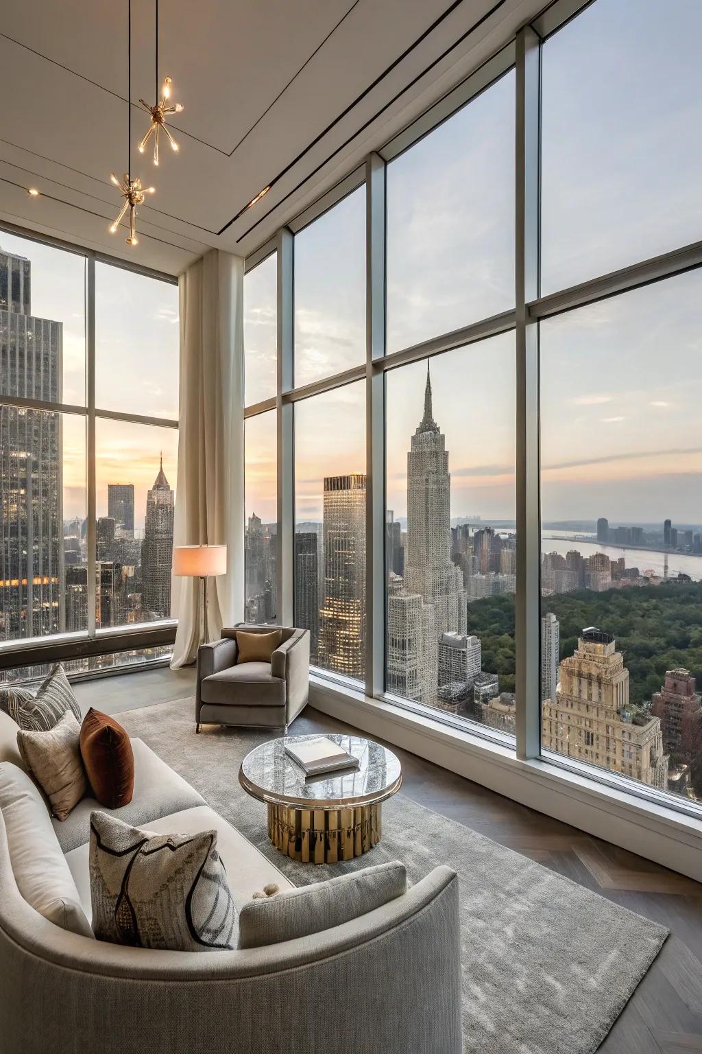 A luxury condo with a seating area facing large windows showcasing cityscape views.