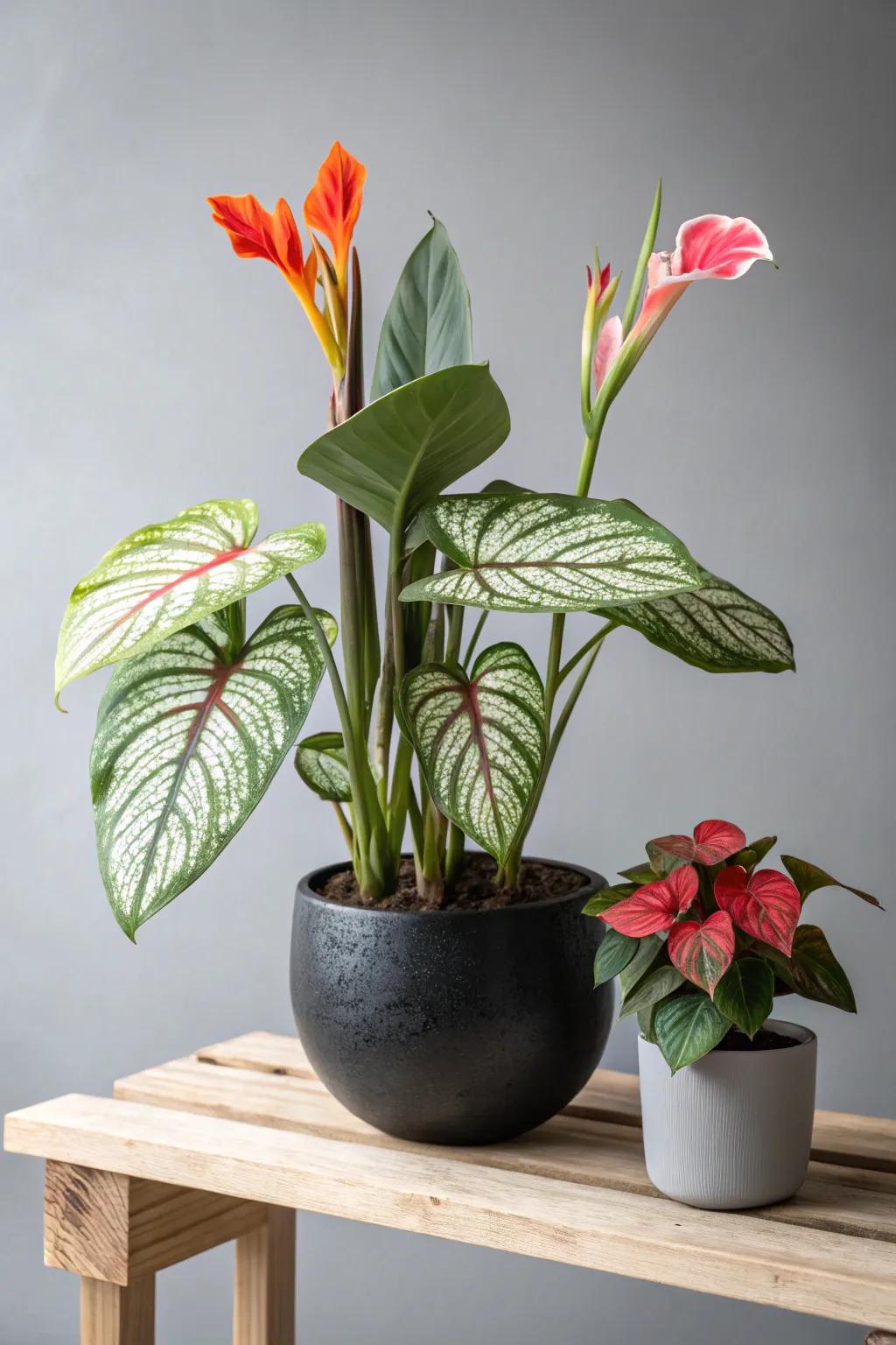 Elevate your space with the vibrant allure of canna lilies paired with caladiums, blending natural beauty with minimalist elegance.