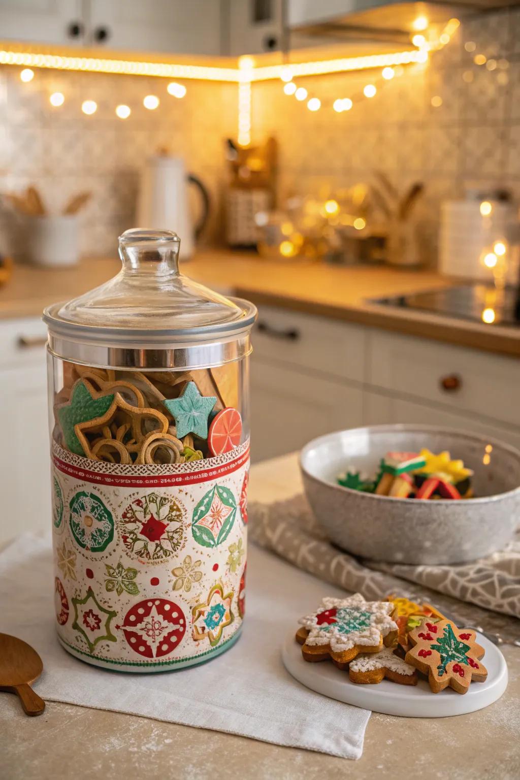 A cookie jar filled with cookie cutters, adding charm to the kitchen.