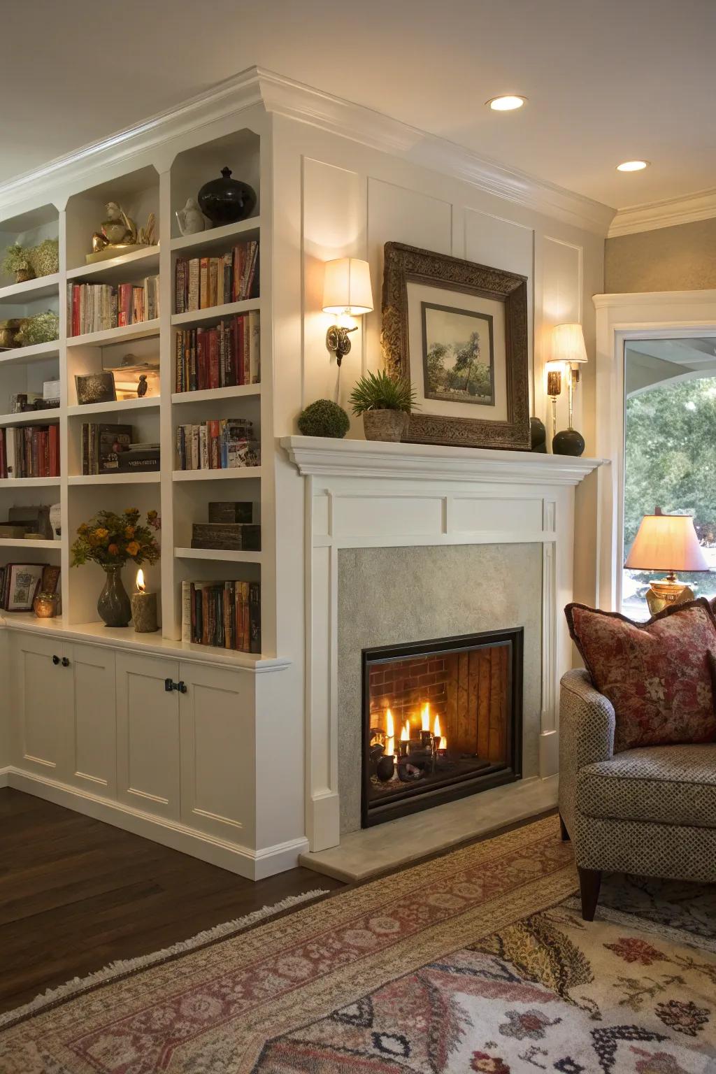 Fitted storage solutions around a corner fireplace for added function and style.
