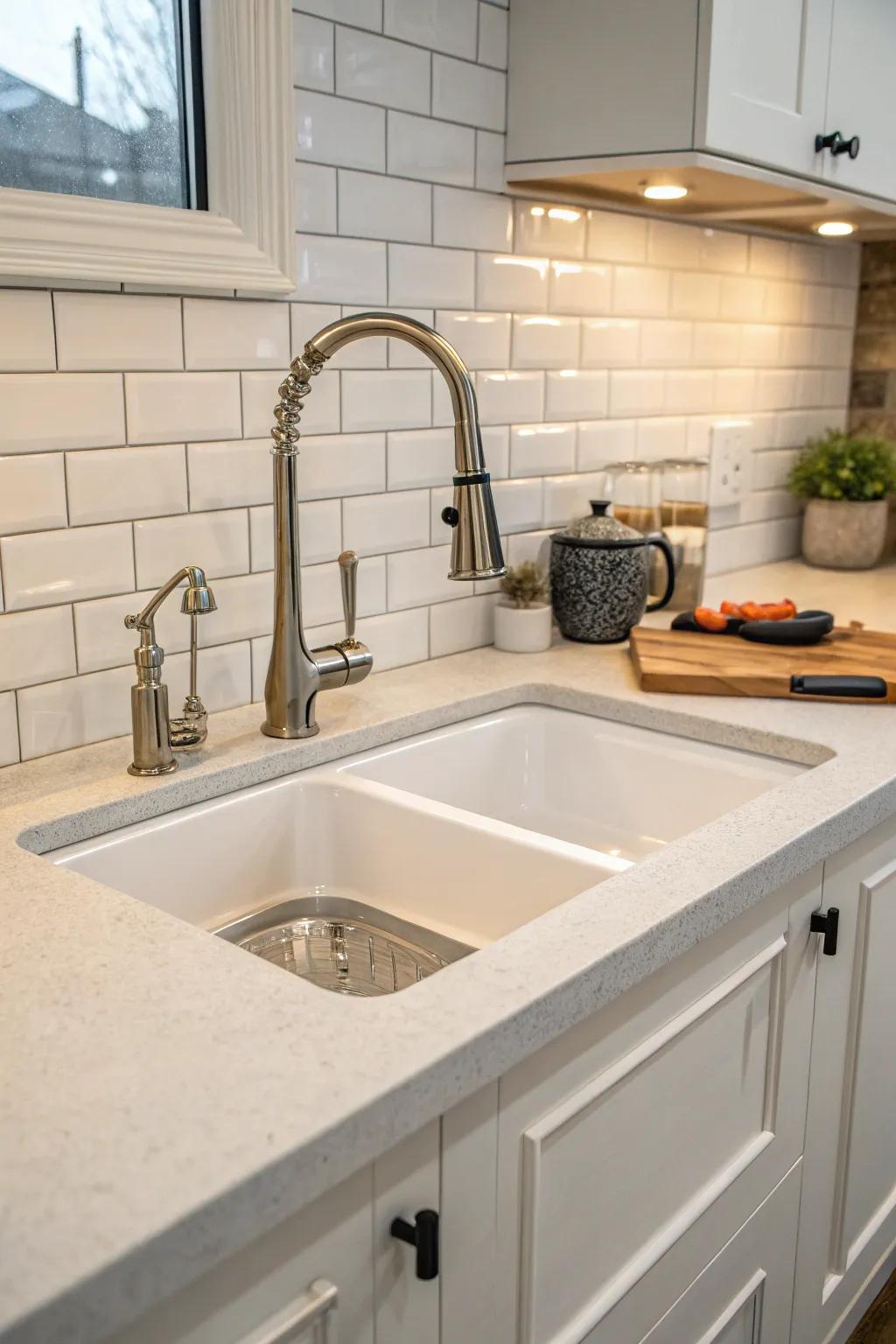 Modern fixtures that add elegance and style to a corner kitchen sink.
