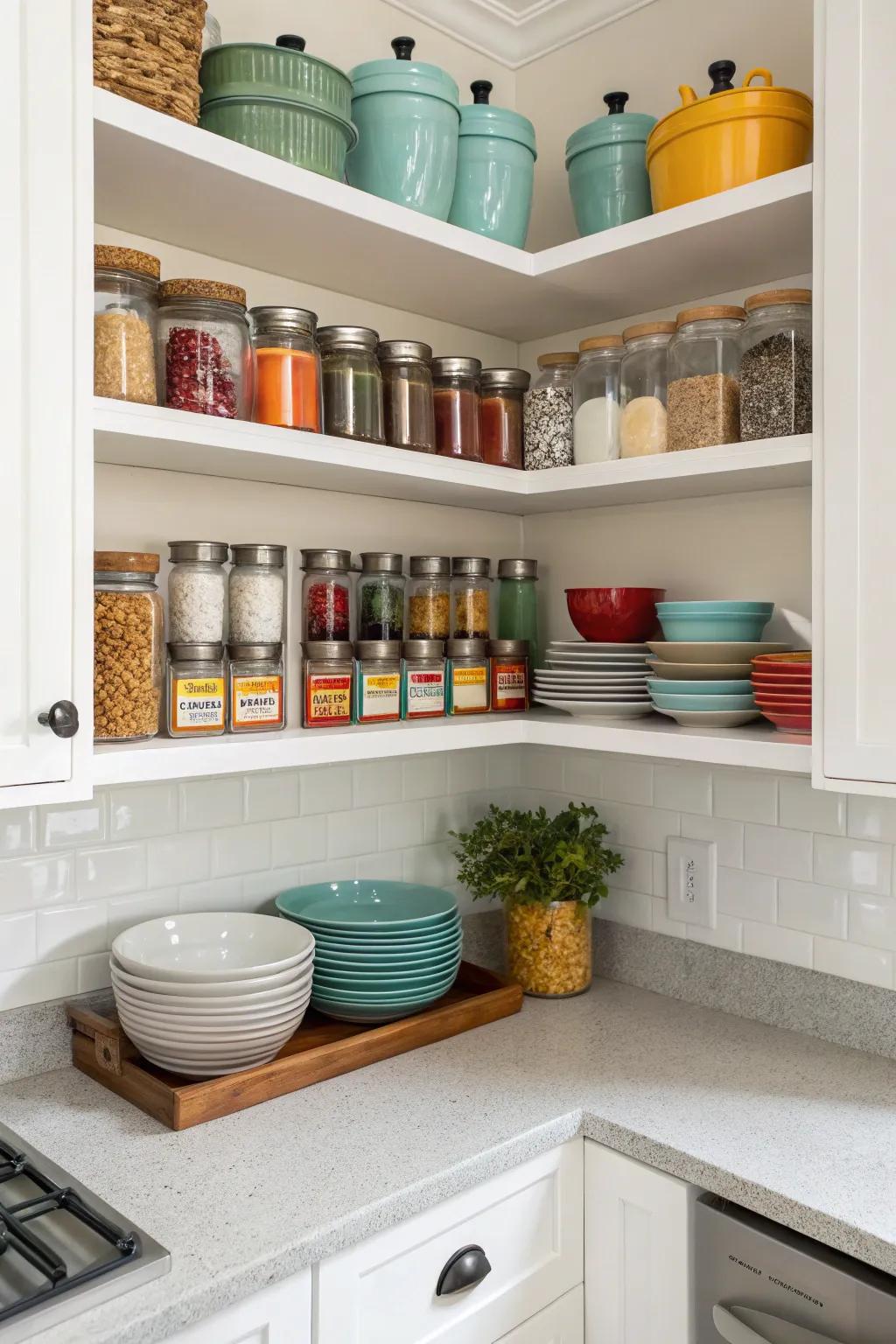 Functional storage on open shelves enhances kitchen efficiency.
